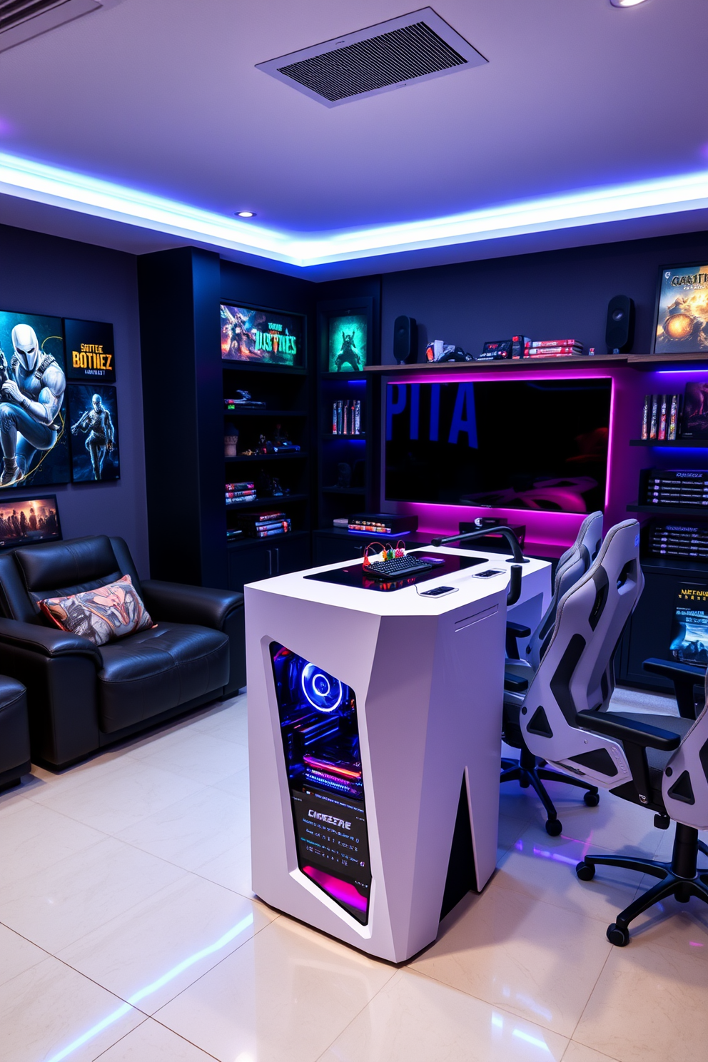 A sleek custom white gaming tower is showcased prominently in a modern game room. The room features LED lighting that enhances the vibrant atmosphere, with comfortable seating arranged for an immersive gaming experience. The walls are adorned with gaming posters and shelves that display collectibles and games. A large screen is mounted on one wall, with a stylish gaming desk positioned in front, complete with ergonomic accessories and ambient lighting.