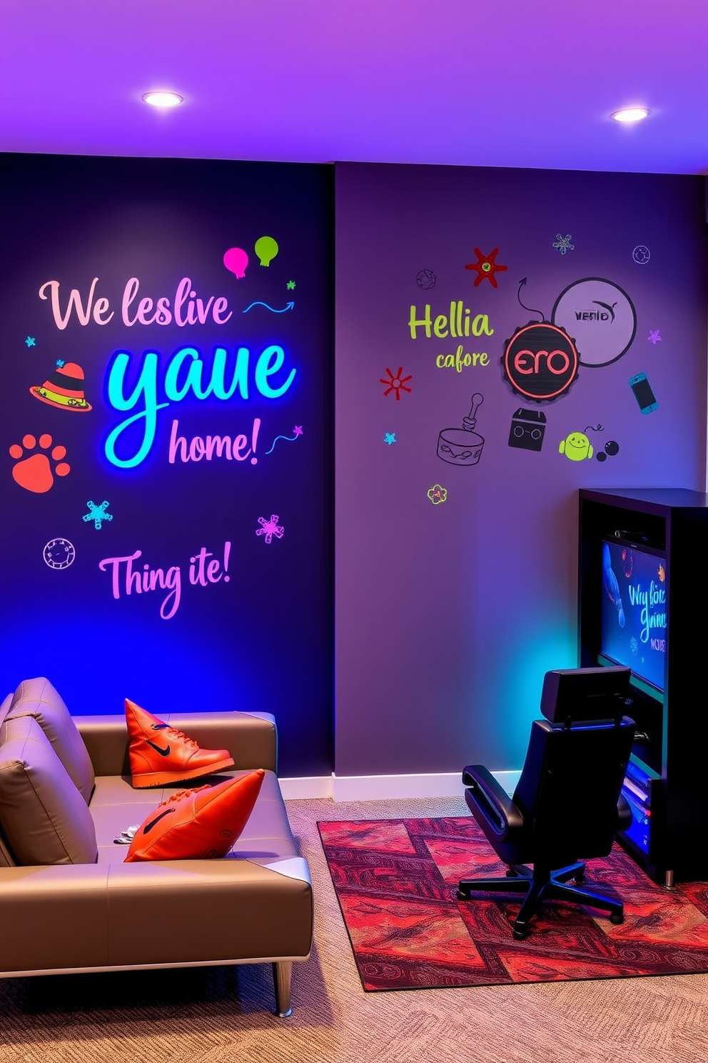 Artistic wall decals that reflect personal style are creatively applied to the walls, adding a unique touch to the space. The decals feature vibrant colors and playful designs that inspire creativity and fun. The game room is designed with a sleek and modern aesthetic, featuring a combination of comfortable seating and high-tech gaming equipment. Soft ambient lighting enhances the atmosphere, while a custom-built entertainment center showcases the latest gaming consoles and accessories.