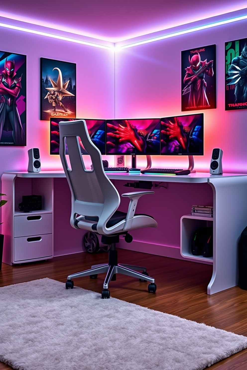 A sleek white gaming desk setup features a modern ergonomic chair with adjustable height. The desk is equipped with dual monitors, a mechanical keyboard, and customizable RGB lighting that enhances the gaming atmosphere. The walls are adorned with gaming posters and LED strip lights that create a vibrant ambiance. A plush area rug in a contrasting color adds comfort underfoot, while storage shelves hold gaming accessories and collectibles.