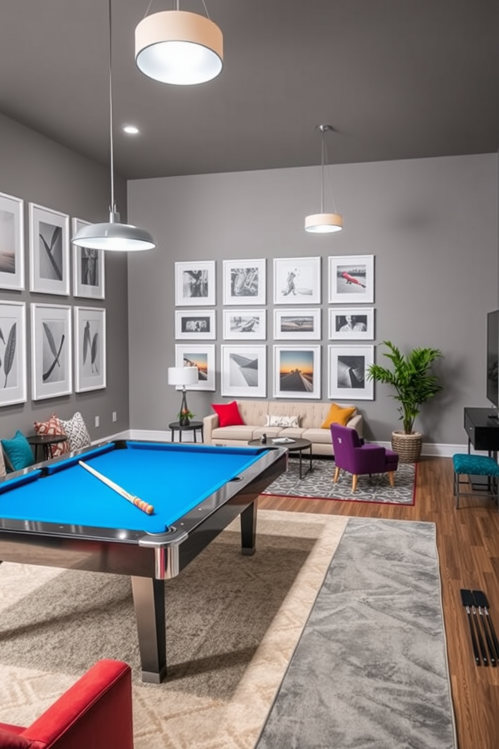 A stylish game room featuring white framed artwork adorning the walls. The space includes a sleek pool table, comfortable seating arrangements, and vibrant accent colors that create an inviting atmosphere. The walls are painted in a soft gray tone to complement the white frames of the artwork. A large area rug anchors the seating area, while modern lighting fixtures add a touch of elegance to the room.