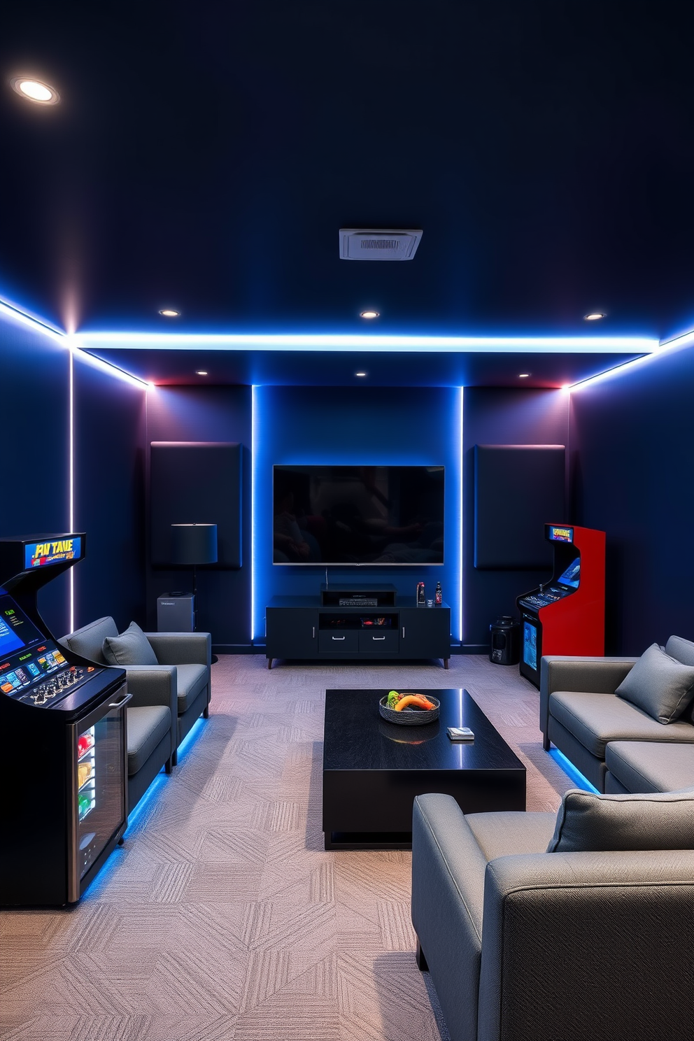 A sleek game room featuring smart lighting control that adjusts to create the perfect mood for gaming or entertaining. The walls are painted in a deep navy blue, with plush seating arranged around a stylish coffee table, and LED strip lights illuminate the room with customizable colors. The game room includes a large flat-screen TV mounted on the wall, surrounded by soundproof panels for an immersive experience. A modern arcade machine stands in one corner, and a mini-fridge stocked with refreshments is conveniently placed nearby.