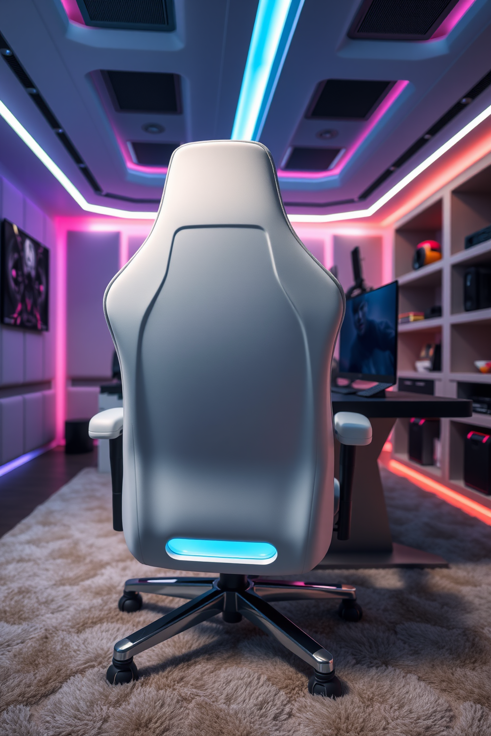 A sleek and ergonomic white gaming chair is positioned in front of a modern gaming desk with LED lighting. The chair features adjustable armrests and lumbar support, ensuring maximum comfort during long gaming sessions. The game room is designed with a futuristic aesthetic, featuring a large screen mounted on the wall and ambient lighting that changes color. Plush carpets and soundproofing panels create an immersive environment, while shelves display gaming memorabilia and accessories.