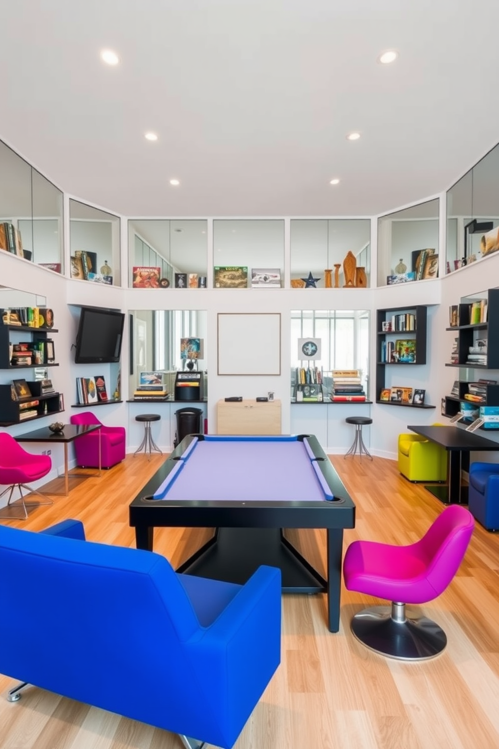 A creative game room design featuring multiple mirrors strategically placed to enhance the sense of space. The walls are painted in a soft white hue, while the flooring consists of light oak wood, creating a bright and inviting atmosphere. In the center, a sleek pool table takes the spotlight, surrounded by modern seating options in vibrant colors. Wall-mounted shelves display an array of board games and collectibles, adding personality and charm to the room.