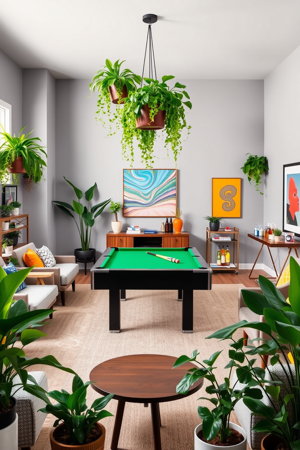 A vibrant game room filled with lush indoor plants creating a fresh and lively atmosphere. The space features a sleek pool table in the center, surrounded by comfortable seating in modern fabrics, with greenery cascading from shelves and hanging planters. The walls are painted in a soft gray, complementing the rich wood tones of the furniture. Bright artwork adorns the walls, and a stylish bar cart is positioned in one corner, stocked with refreshments for entertaining guests.