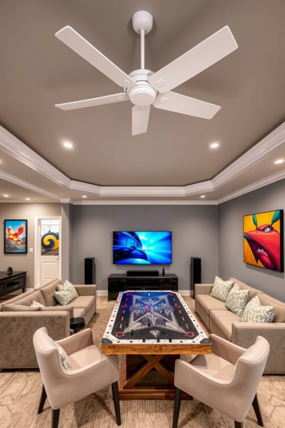 A stylish game room featuring a sleek white ceiling fan that enhances airflow and comfort. The room is designed with a modern aesthetic, incorporating a plush sectional sofa and a large flat-screen TV for the ultimate gaming experience. The walls are painted in a soft gray, complemented by vibrant artwork that adds a pop of color. A custom game table is positioned in the center, surrounded by comfortable chairs, creating an inviting space for friends and family to gather.