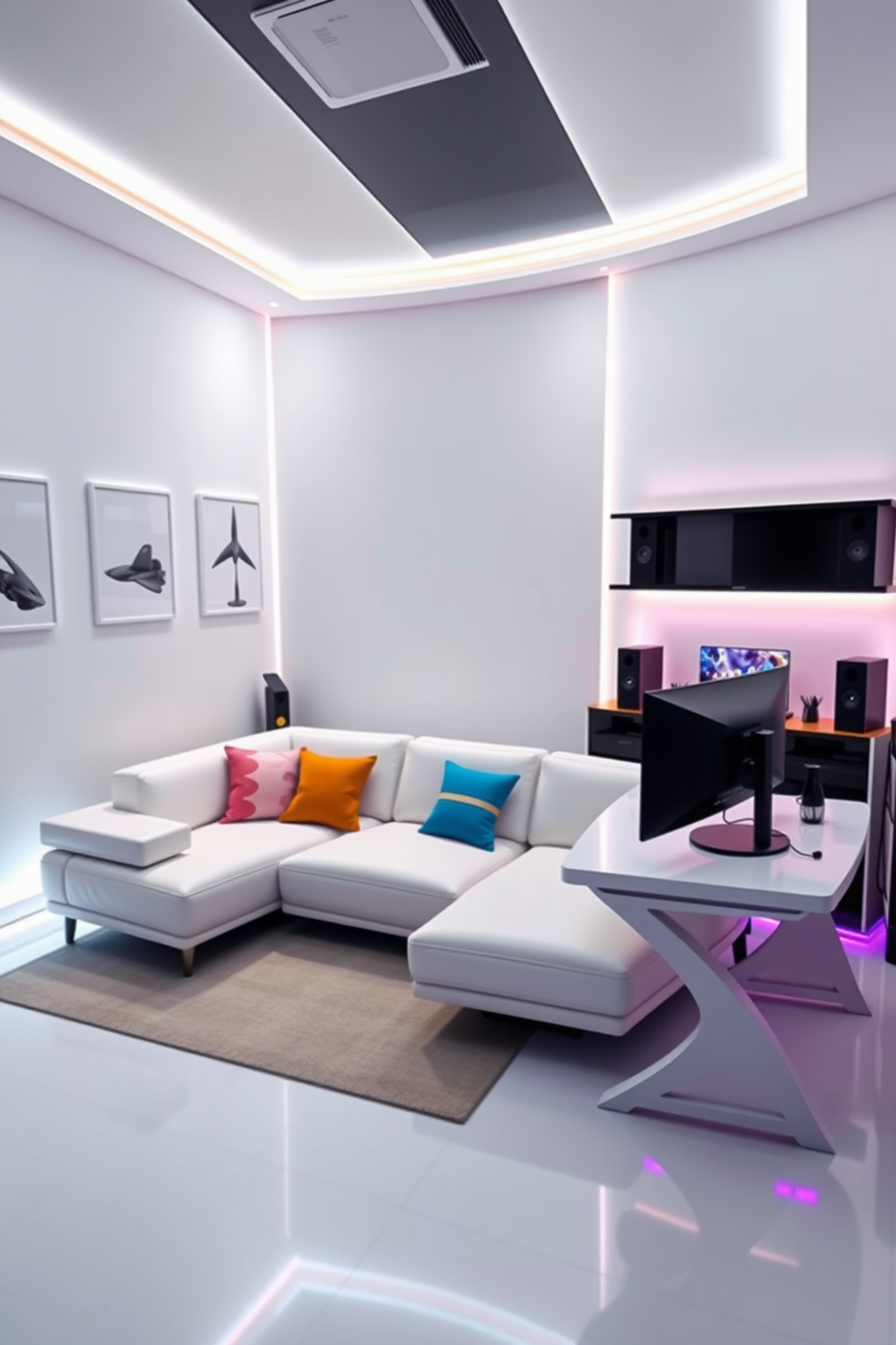 A sleek gaming room featuring white decor accents. The walls are adorned with minimalist art prints, and a large white sectional sofa is positioned in the center, complemented by colorful throw pillows. A modern gaming desk with a white finish holds a high-end gaming monitor and mechanical keyboard. LED strip lights illuminate the space, creating an immersive atmosphere for gaming sessions.