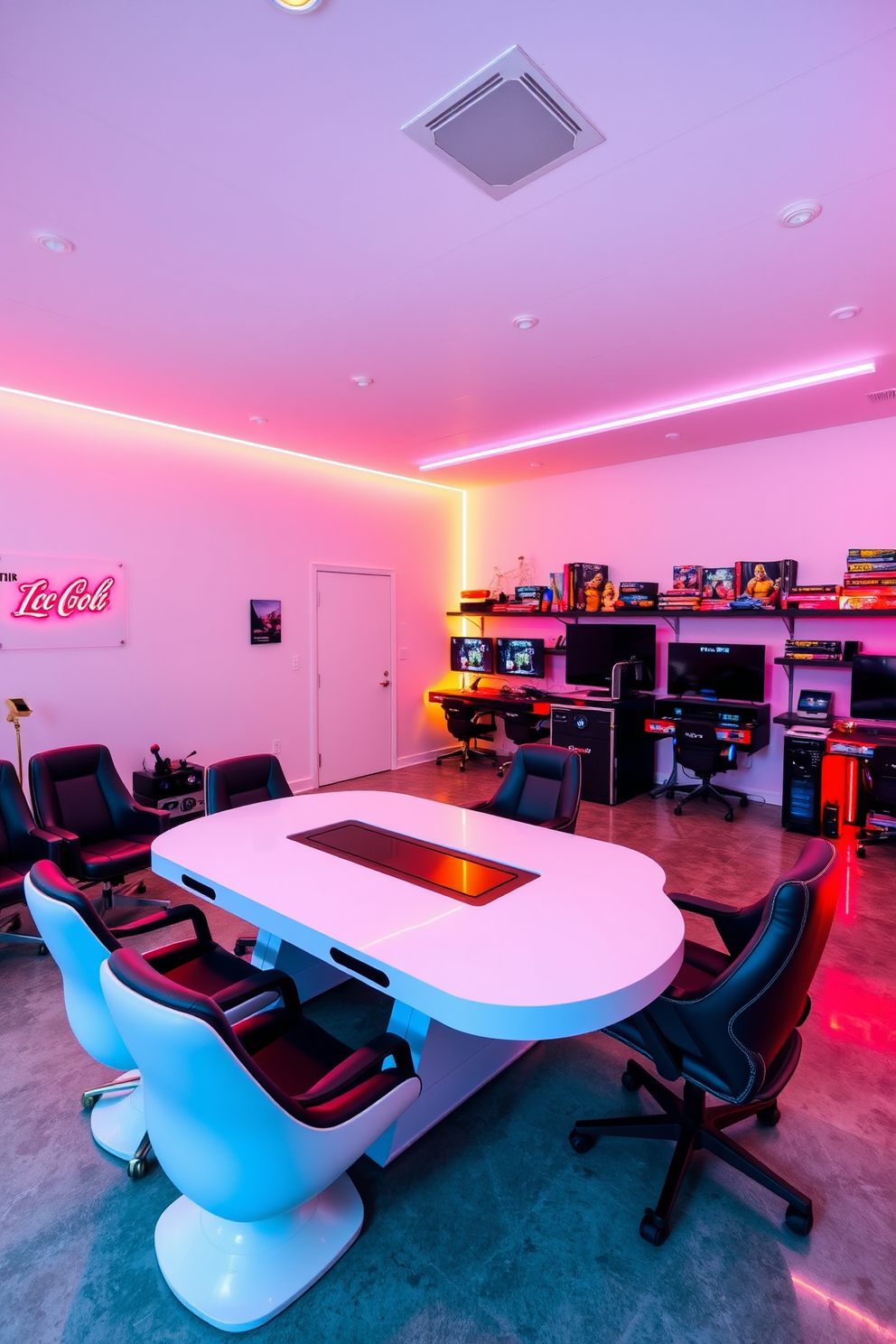 A modern game room featuring sleek white walls and a polished concrete floor. The space is illuminated by vibrant neon lighting that enhances the playful atmosphere. Comfortable gaming chairs are arranged around a large, white gaming table equipped with the latest technology. Wall-mounted shelves display an array of video games and collectibles, adding personality to the room.