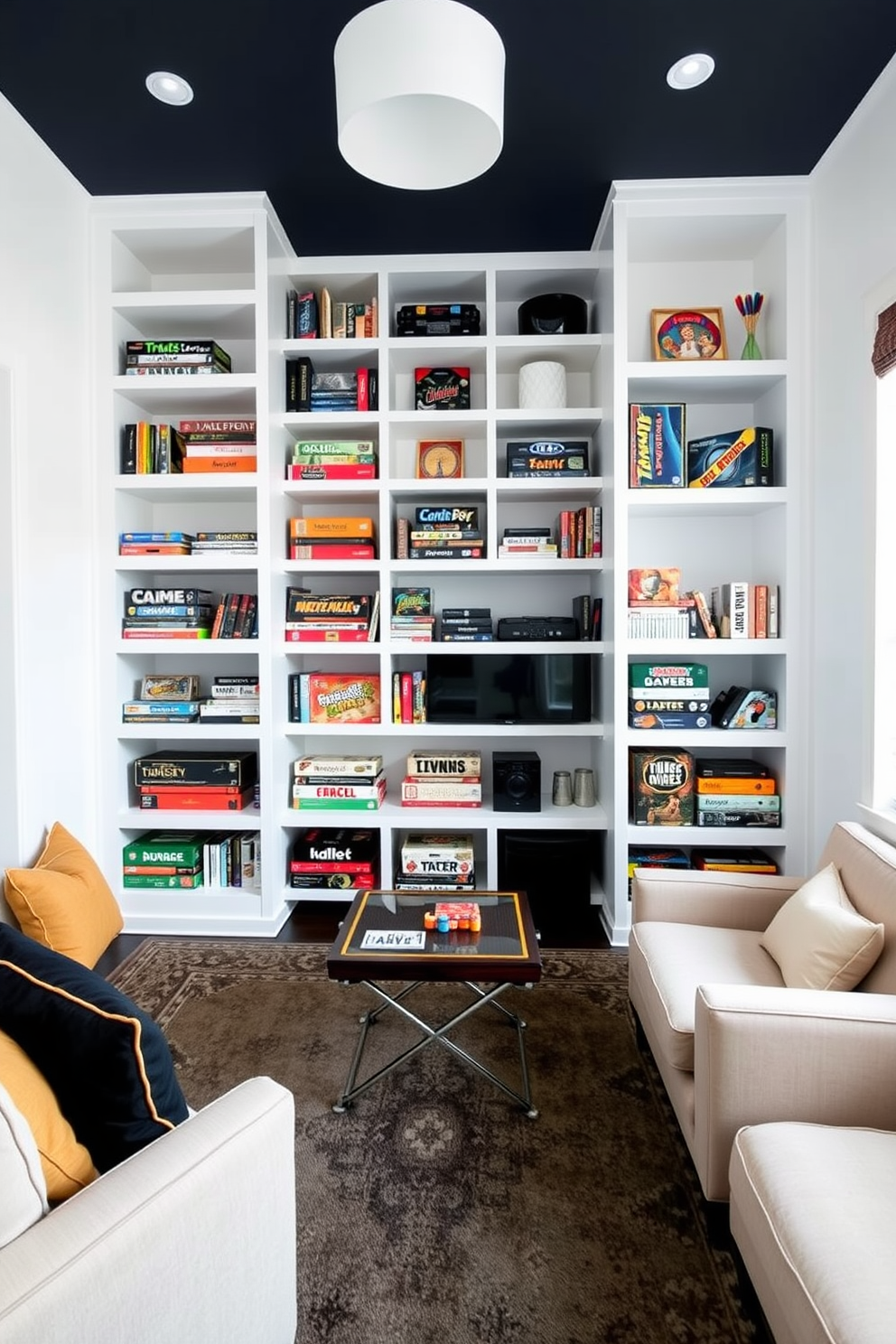 A stylish game room featuring all-white wall shelving that neatly displays a variety of board games and gaming accessories. The room is accented with comfortable seating and a large area rug, creating an inviting space for friends and family to gather and enjoy game nights.