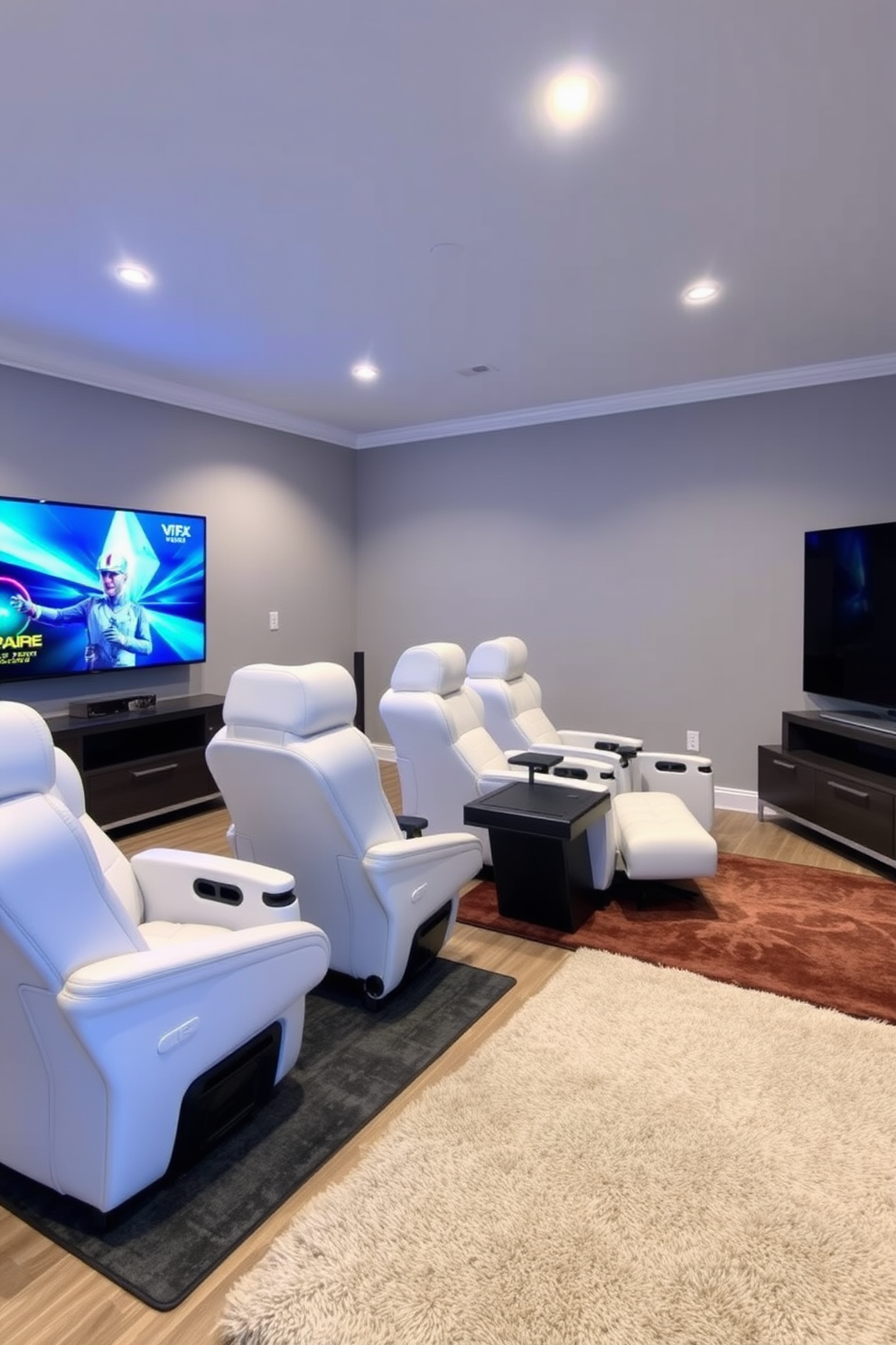 A stylish game room featuring white leather gaming chairs designed for ultimate comfort. The room is equipped with a large flat-screen TV mounted on the wall and a sleek gaming console on a modern media unit. The walls are painted in a soft gray, creating a cozy atmosphere. Plush area rugs in contrasting colors add warmth and texture to the space.