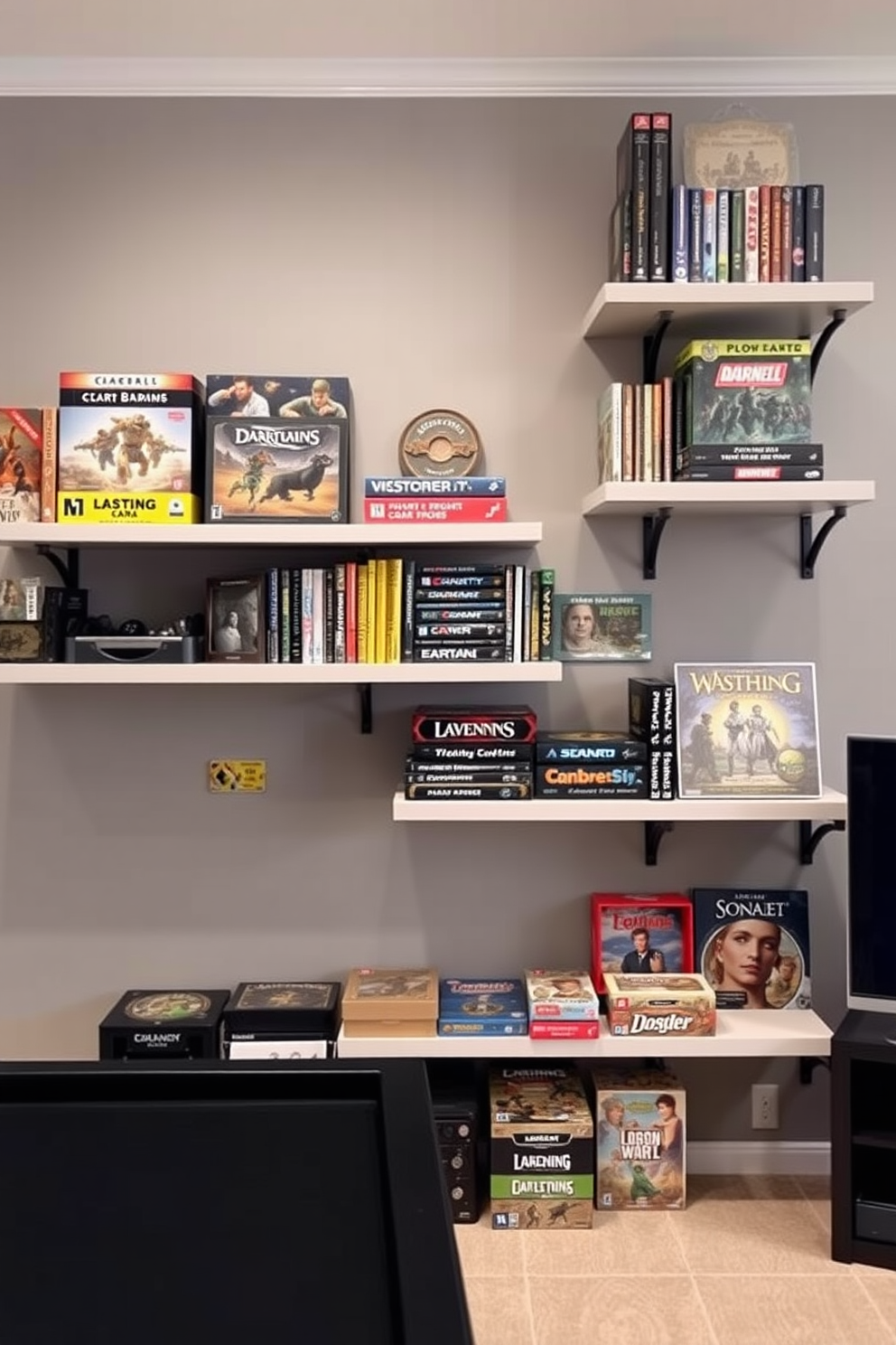 A modern game room featuring floating shelves that showcase an impressive collection of board games and collectibles. The walls are painted in a soft gray hue, providing a neutral backdrop that enhances the vibrant colors of the game boxes.