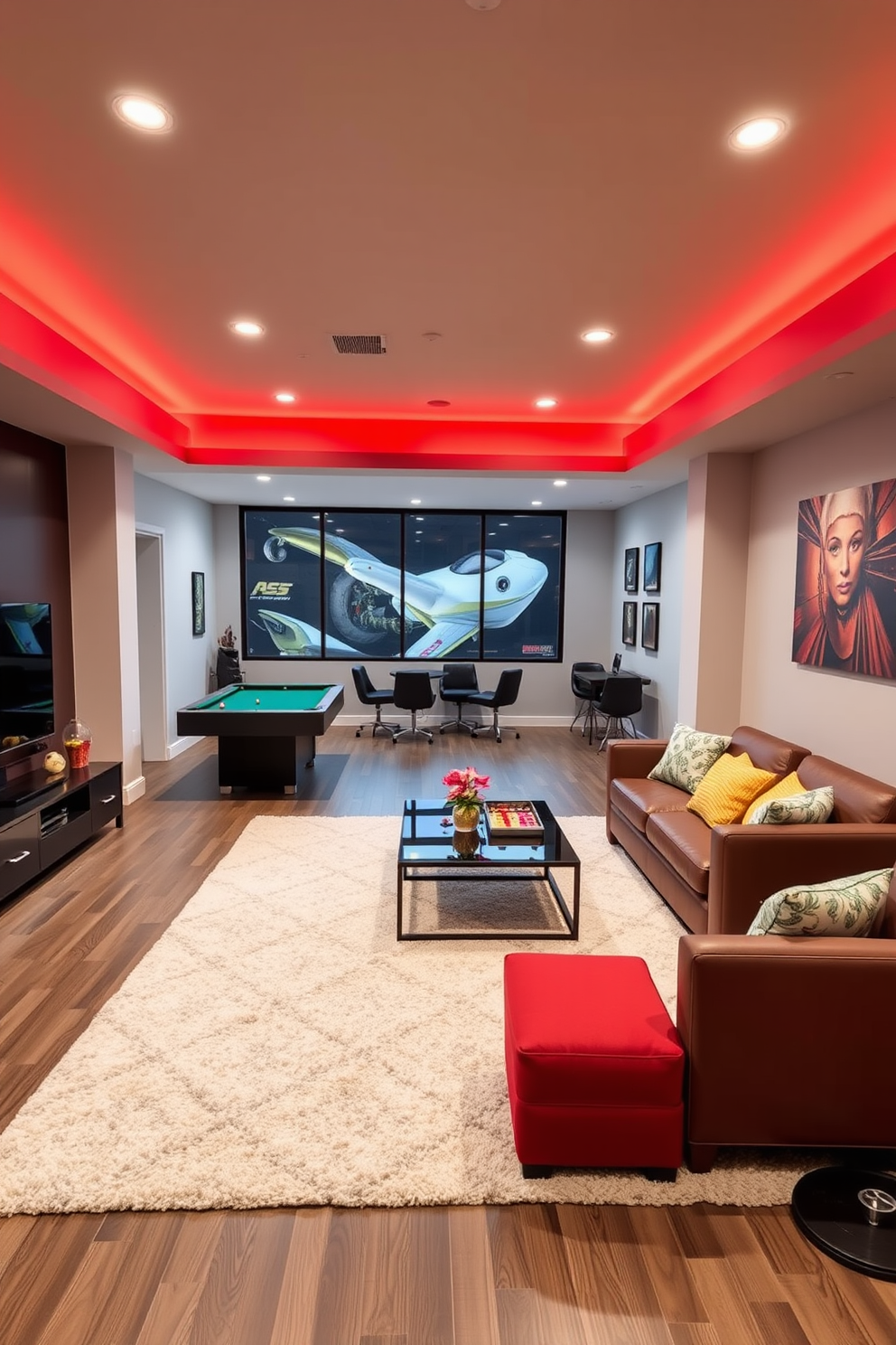 A spacious game room featuring a large white area rug that adds warmth and comfort to the space. The room is designed with a modern aesthetic, incorporating sleek furniture and vibrant accent colors to create an inviting atmosphere.