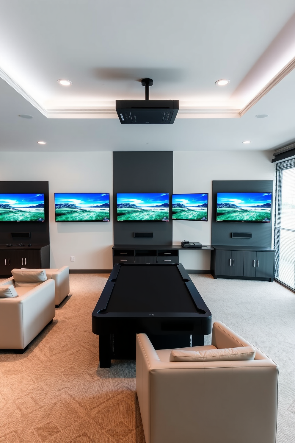 A modern game room featuring wall-mounted monitors to maximize space efficiency. The room is designed with sleek furnishings and a neutral color palette, creating a stylish yet functional environment.