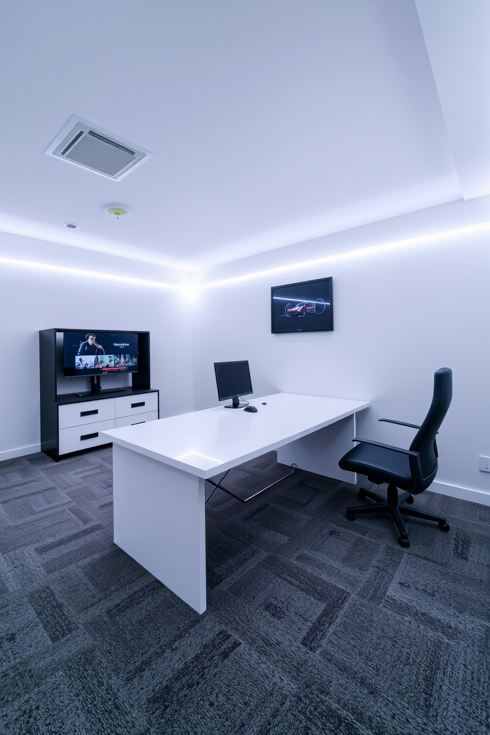 A modern game room features a sleek white desk illuminated by bright LED strip lights that create a vibrant atmosphere. The walls are painted in a crisp white, while the floor is adorned with a plush gray carpet, enhancing the room's comfort and style.