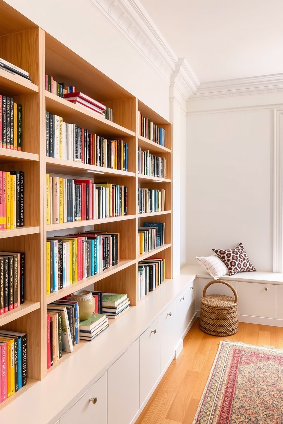 Bright open shelves filled with a vibrant array of colorful books create a lively atmosphere in the home library. The shelves are made of light wood, contrasting beautifully with the soft white walls and cozy reading nook.