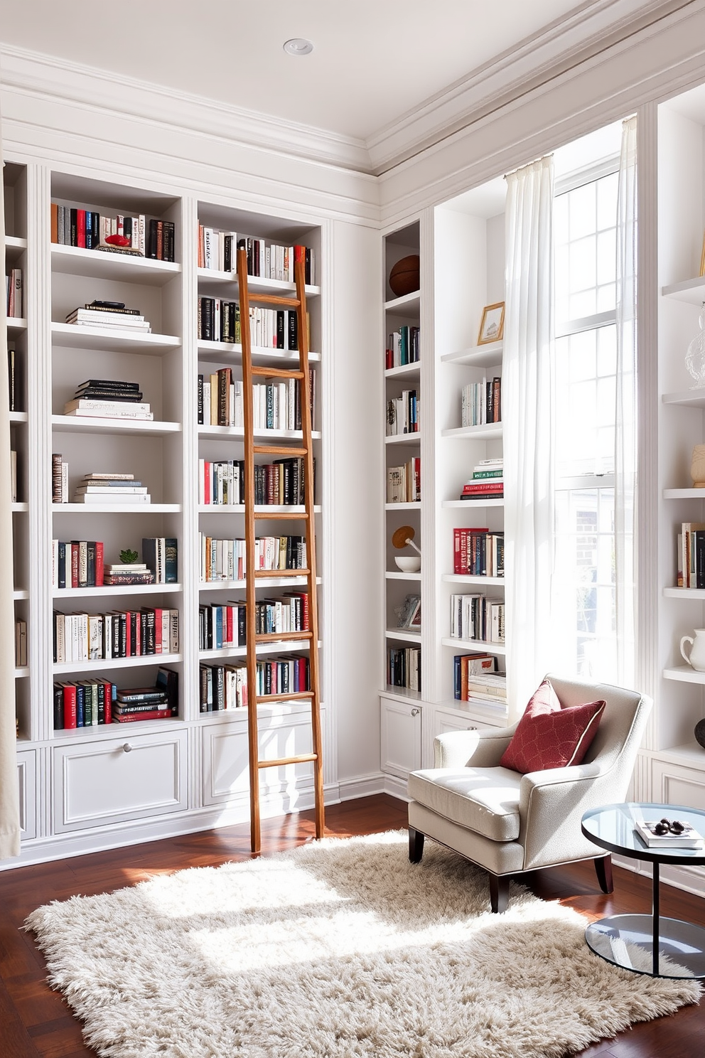 A serene home library featuring white built-in shelves that reach the ceiling, showcasing an array of books and decorative items. A stylish wooden ladder leans against the shelves, providing access to the higher levels and adding a touch of elegance to the space. The room is bathed in natural light from large windows adorned with sheer curtains, creating a bright and inviting atmosphere. A plush area rug anchors the seating area, which includes a cozy reading nook with a comfortable armchair and a small side table for drinks.