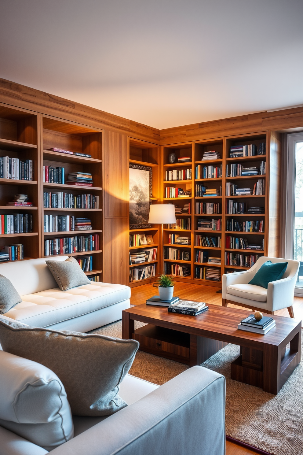 A cozy home library featuring a mix of warm wood tones and sleek white furniture. The shelves are filled with books, and a comfortable reading chair upholstered in soft fabric is positioned near a large window. The room is illuminated by a stylish floor lamp, casting a warm glow over the space. A wooden coffee table sits in the center, adorned with decorative books and a small potted plant.