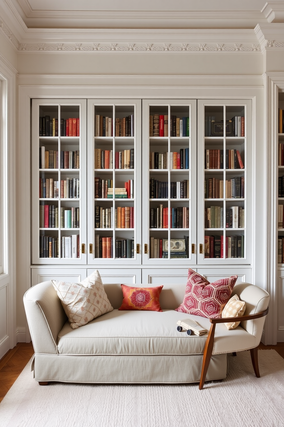 A serene home library featuring elegant glass doors that beautifully showcase an extensive collection of books. The walls are painted in a soft white, complemented by plush seating and warm wooden accents to create a cozy reading nook.