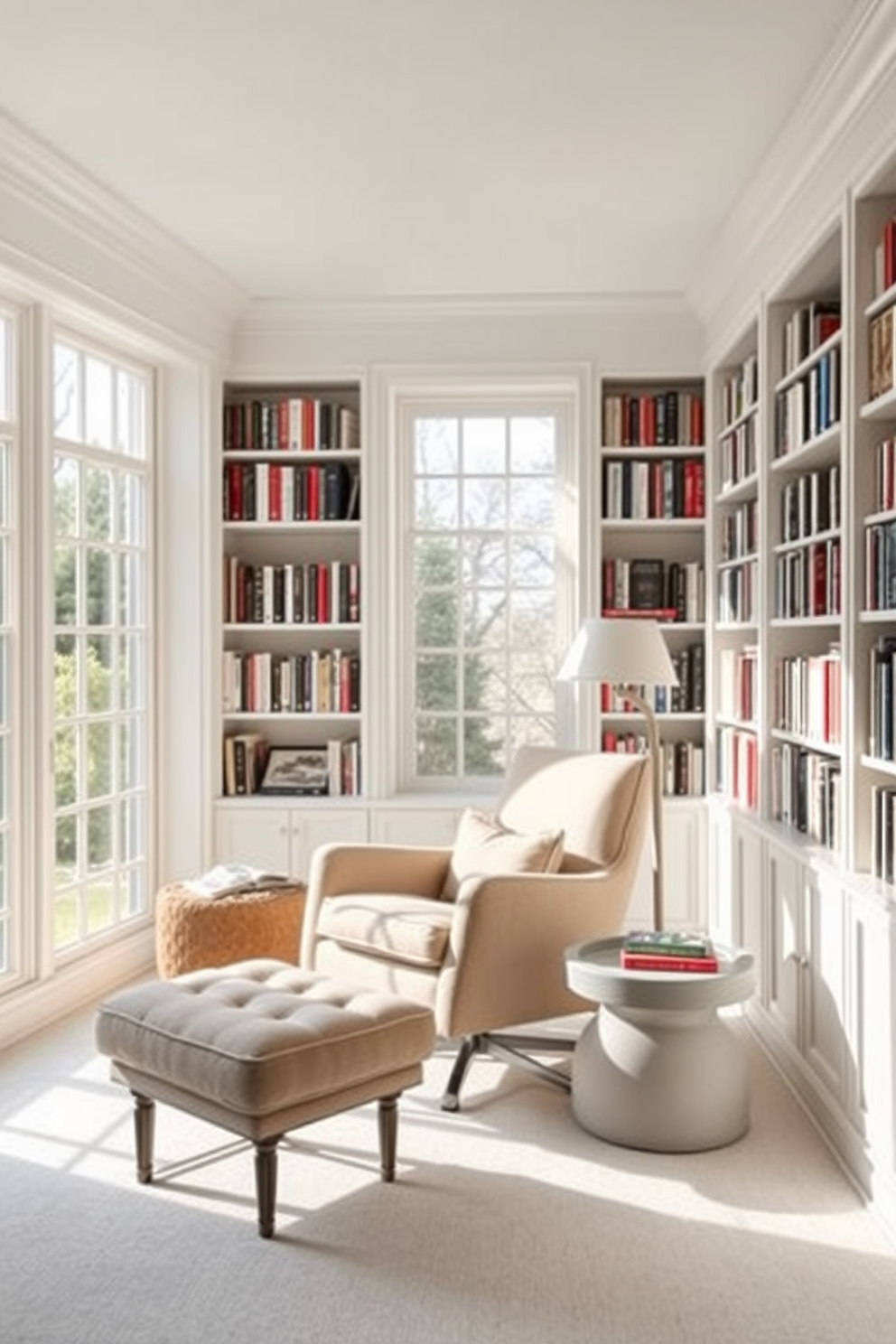 A cozy armchair with a plush footrest is positioned in a well-lit corner of the room. The armchair is upholstered in soft, neutral fabric, creating an inviting space for reading or relaxation. Surrounding the chair, the home library features floor-to-ceiling bookshelves filled with a curated collection of books. Large windows allow natural light to flood the space, enhancing the serene atmosphere of this white-themed library.