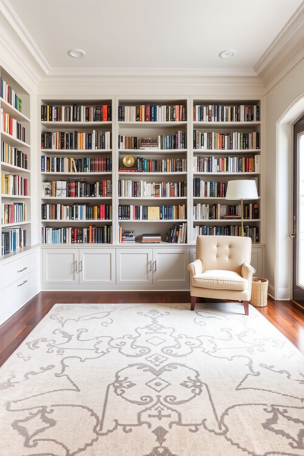 A serene home library featuring a neutral rug that defines the reading area. The walls are lined with custom-built bookshelves filled with an array of books, and a cozy reading nook with a plush armchair is positioned nearby.