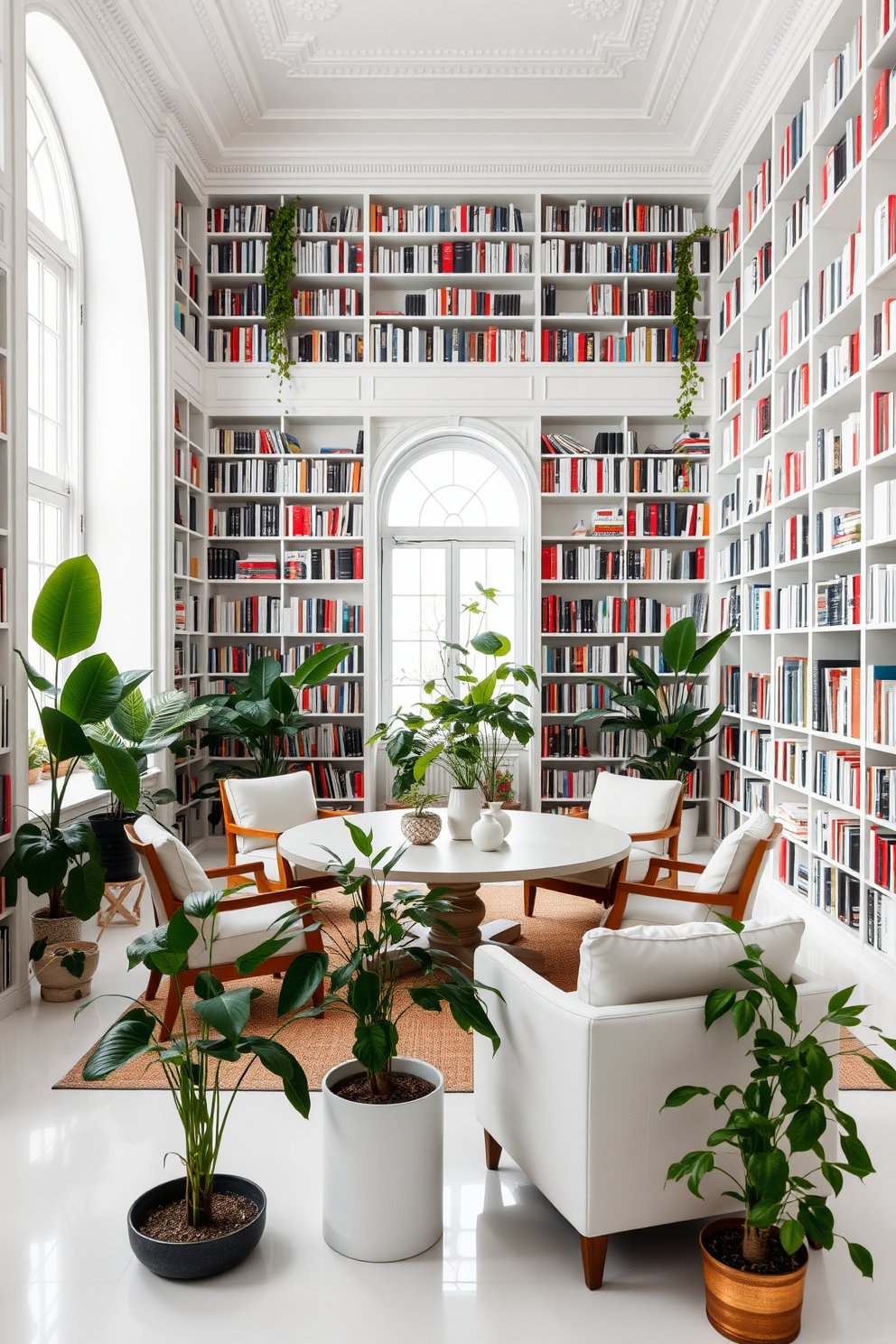 Incorporating plants for a fresh vibe. A spacious white home library features floor-to-ceiling bookshelves filled with a variety of books. In the center, a large round table is surrounded by comfortable chairs, creating an inviting reading nook. Lush green plants are strategically placed throughout the space, adding life and color against the crisp white backdrop.