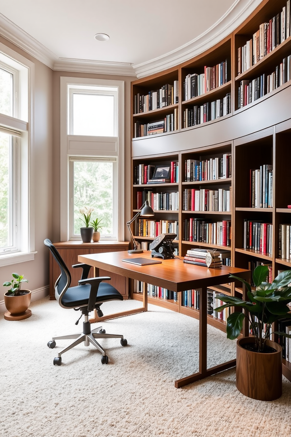 A functional desk area designed for work and reading features a sleek wooden desk positioned against a wall of built-in bookshelves filled with neatly organized books. A comfortable ergonomic chair sits at the desk, and a stylish desk lamp provides ample lighting for reading and writing. The home library design incorporates soft neutral tones with plush carpeting underfoot, creating a cozy atmosphere. Large windows allow natural light to flood the space, while a few decorative plants add a touch of greenery.