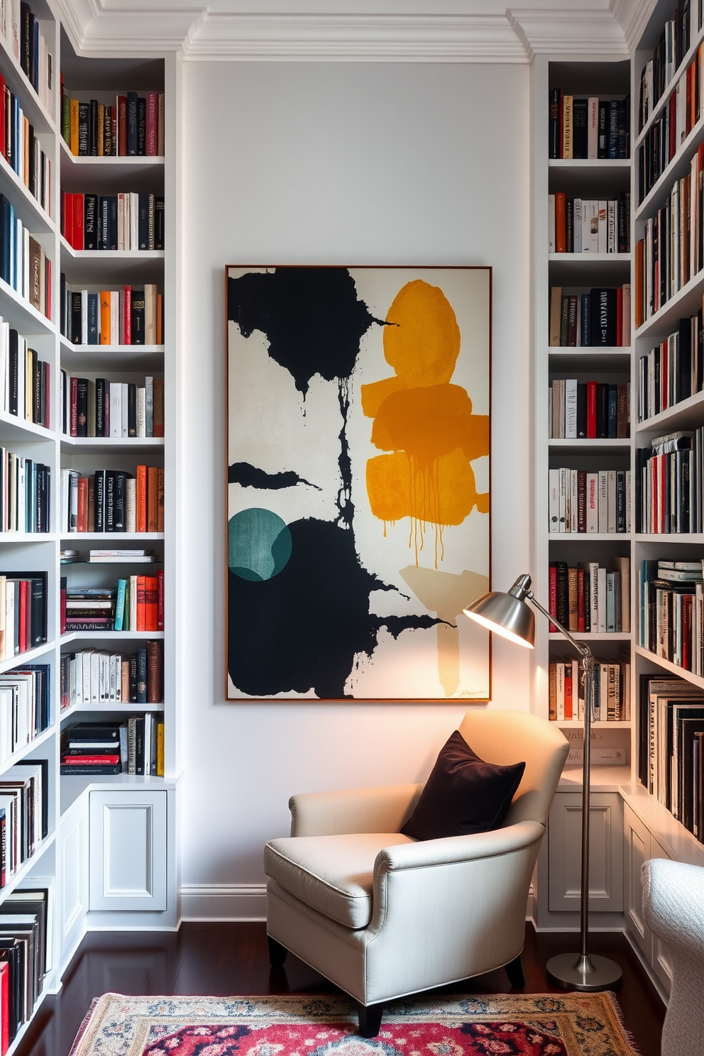 A white home library featuring floor-to-ceiling bookshelves filled with a diverse collection of books. A large, bold abstract artwork hangs prominently on the main wall, drawing attention and adding a splash of color to the serene space. The library includes a comfortable reading nook with a plush armchair and a small side table. Soft lighting from a stylish floor lamp enhances the cozy atmosphere, making it an inviting place to read and relax.