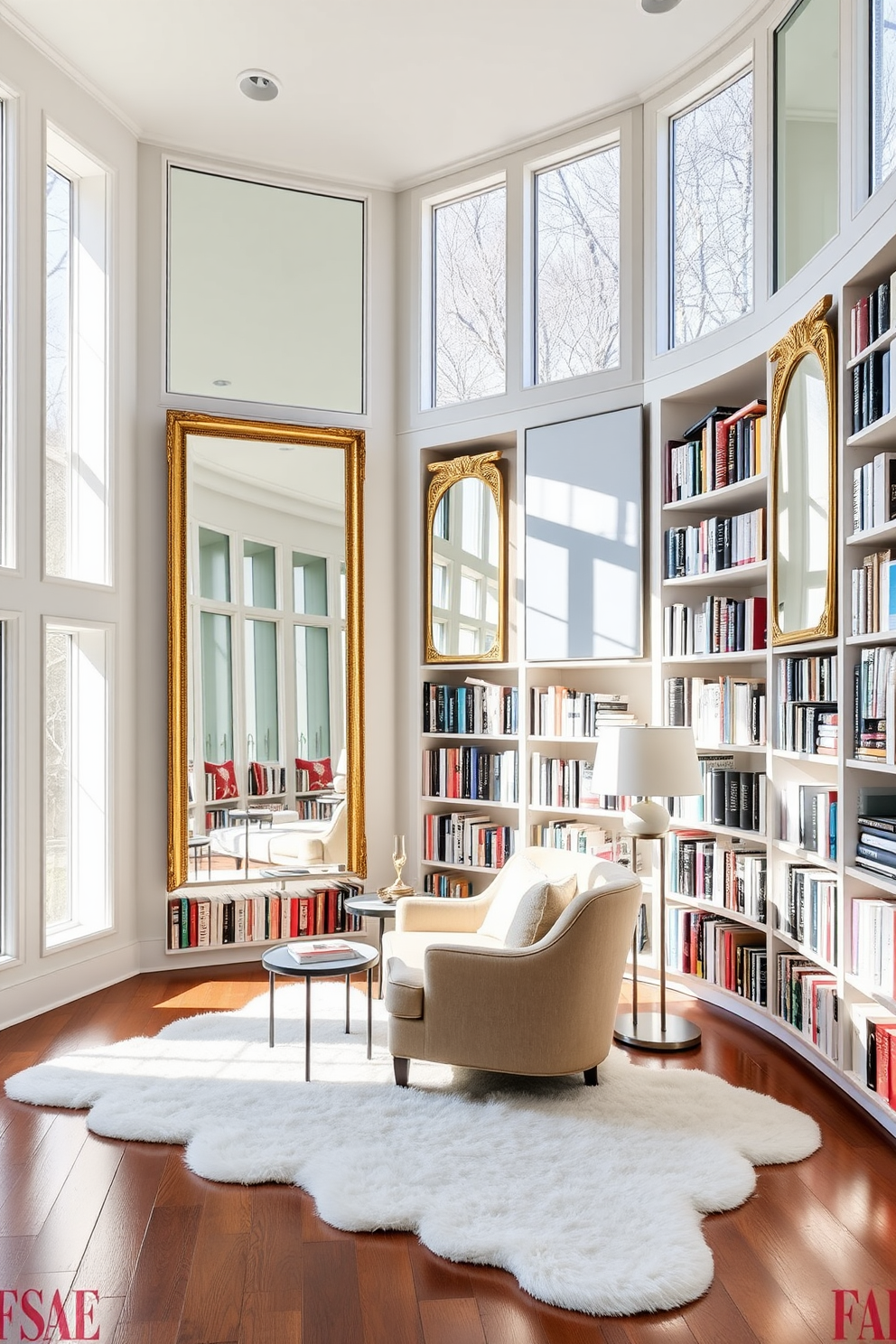 A bright and airy home library featuring large windows that allow natural light to flood the space. Elegant mirrors are strategically placed on the walls to reflect light and create a sense of openness. The room is adorned with floor-to-ceiling bookshelves filled with a curated selection of books. A cozy reading nook with a plush armchair and a small side table invites relaxation, while a soft white rug adds warmth to the hardwood floor.