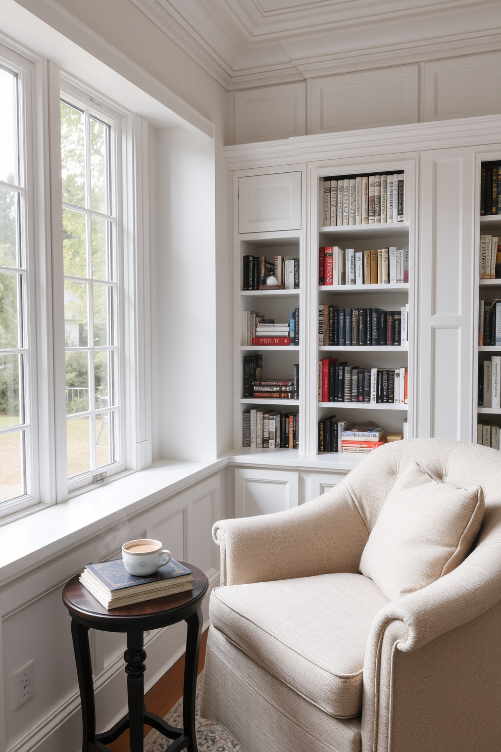 Cozy reading nook by the window with a plush armchair upholstered in soft fabric. A small side table holds a steaming cup of tea and a stack of well-loved books. White home library design featuring built-in bookshelves that reach the ceiling. A large window allows natural light to flood the room, highlighting the elegant white decor and comfortable seating.