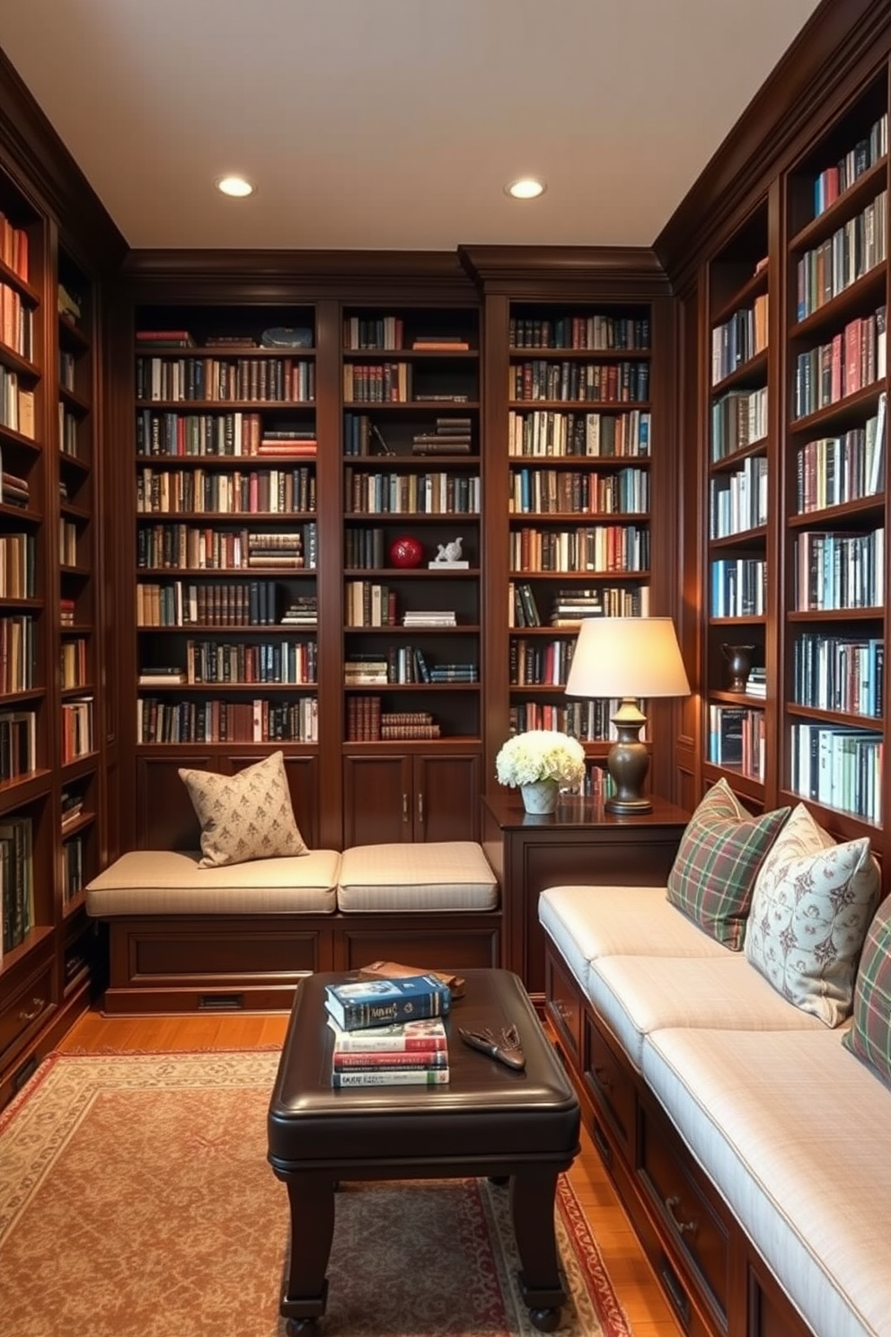 A cozy home library featuring built-in seating along the walls with plush cushions for comfort. The seating includes ample storage underneath for books and decorative items, creating a functional yet stylish space. The walls are lined with floor-to-ceiling bookshelves filled with a variety of books and personal mementos. Soft, warm lighting illuminates the room, enhancing the inviting atmosphere and highlighting the rich wood tones of the furniture.