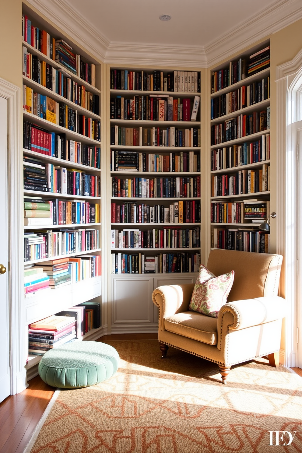 A cozy home library filled with natural light. The walls are painted in a soft cream color, and the shelves are lined with an extensive collection of books. A large, plush armchair sits in the corner, adorned with colorful throw pillows in various patterns and textures. A warm area rug anchors the space, adding comfort and inviting relaxation.