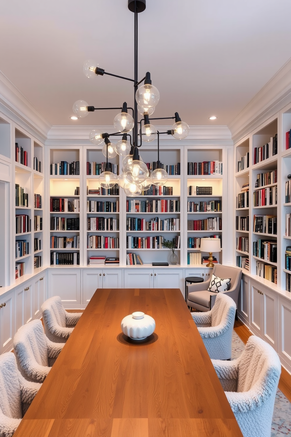 Stylish lighting fixtures for ambiance. A cluster of pendant lights hangs from the ceiling, casting a warm glow over a large wooden table surrounded by plush chairs. White home library design ideas. The walls are lined with built-in white bookshelves filled with books, and a cozy reading nook features a soft armchair and a small side table.