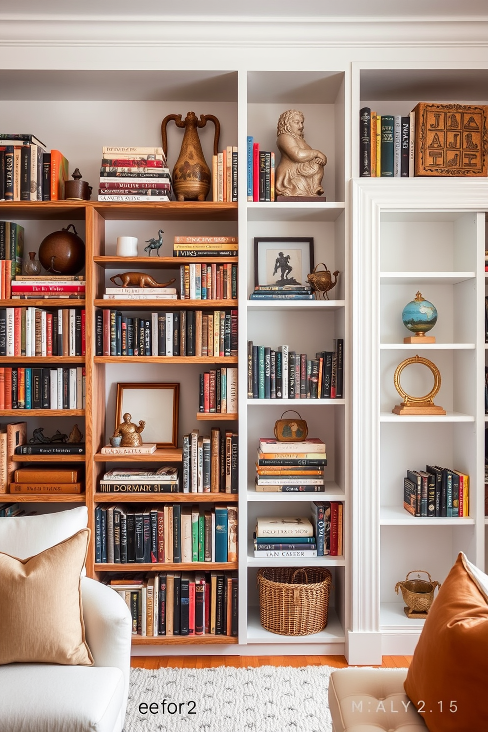 A personalized bookshelf display features an eclectic mix of books and decorative items that reflect the owner's personality. The shelves are crafted from reclaimed wood, with varying heights to create visual interest and accommodate a curated selection of unique artifacts. The white home library showcases crisp white walls and built-in shelving that seamlessly integrates with the space. Plush seating options invite relaxation, while soft lighting creates a warm and inviting atmosphere for reading and reflection.