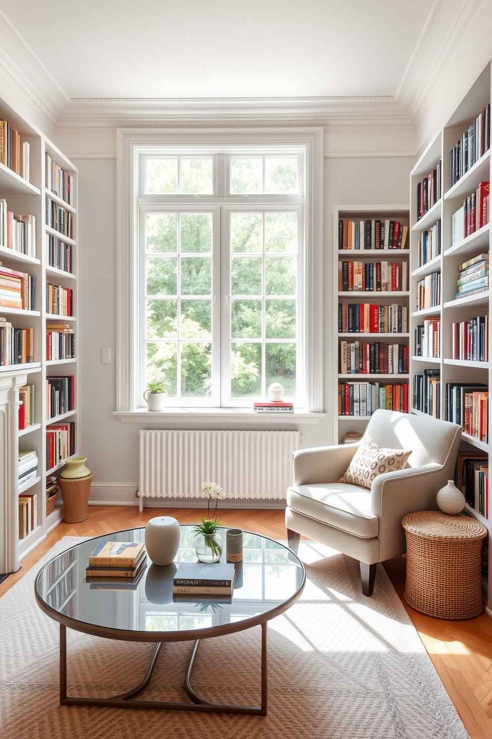 A serene home library featuring soft pastel accents that create a warm and inviting atmosphere. The shelves are filled with books in varying sizes, while a cozy reading nook with a plush armchair is positioned near a large window allowing natural light to fill the room. The walls are painted in a gentle pastel hue, complemented by white trim and a soft area rug underfoot. A stylish coffee table sits in front of the armchair, adorned with decorative objects and a small plant for added charm.