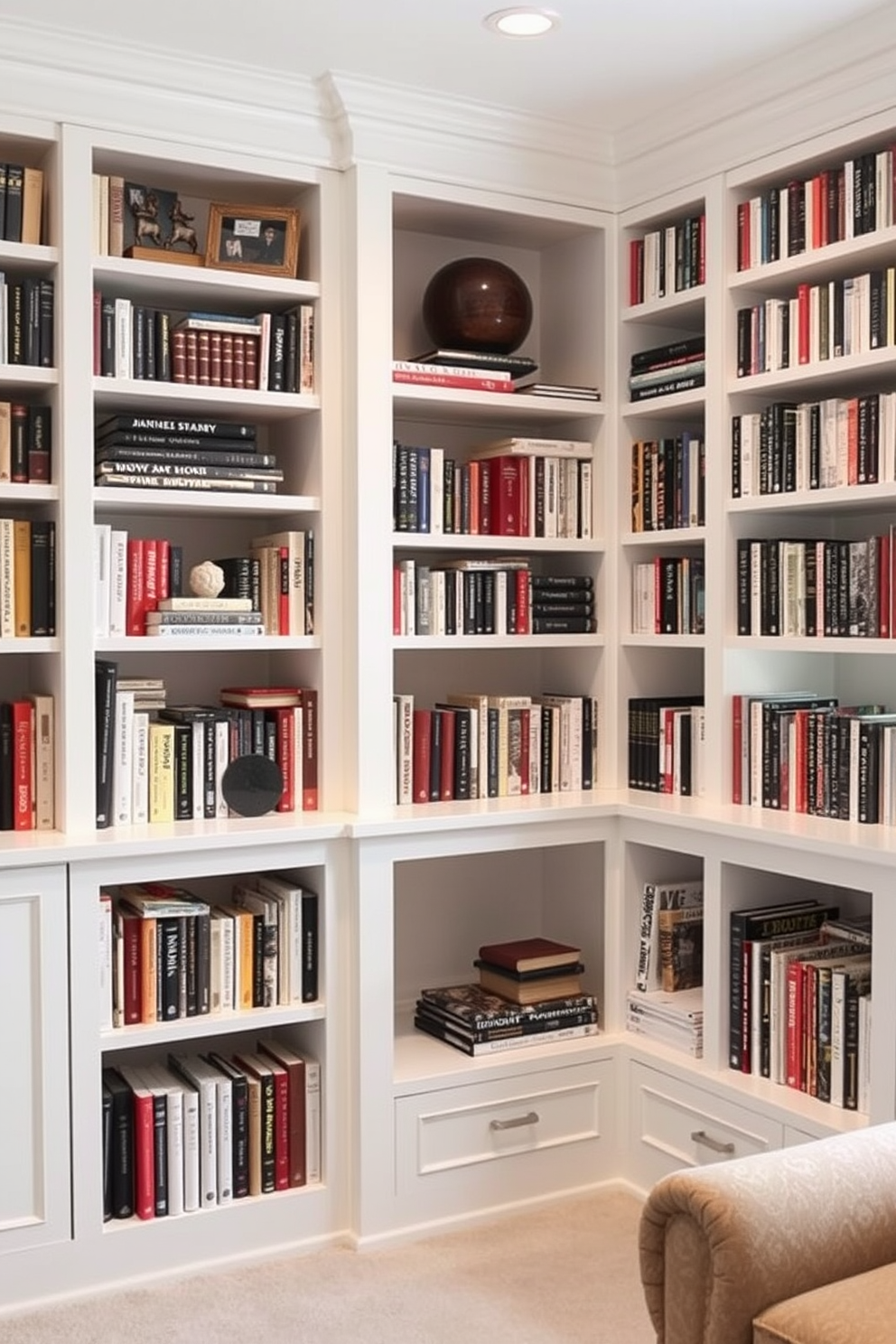 A cozy white home library designed to maximize corner spaces with built-in shelving units. The shelves are filled with an array of books and decorative items, creating an inviting atmosphere for reading and relaxation.