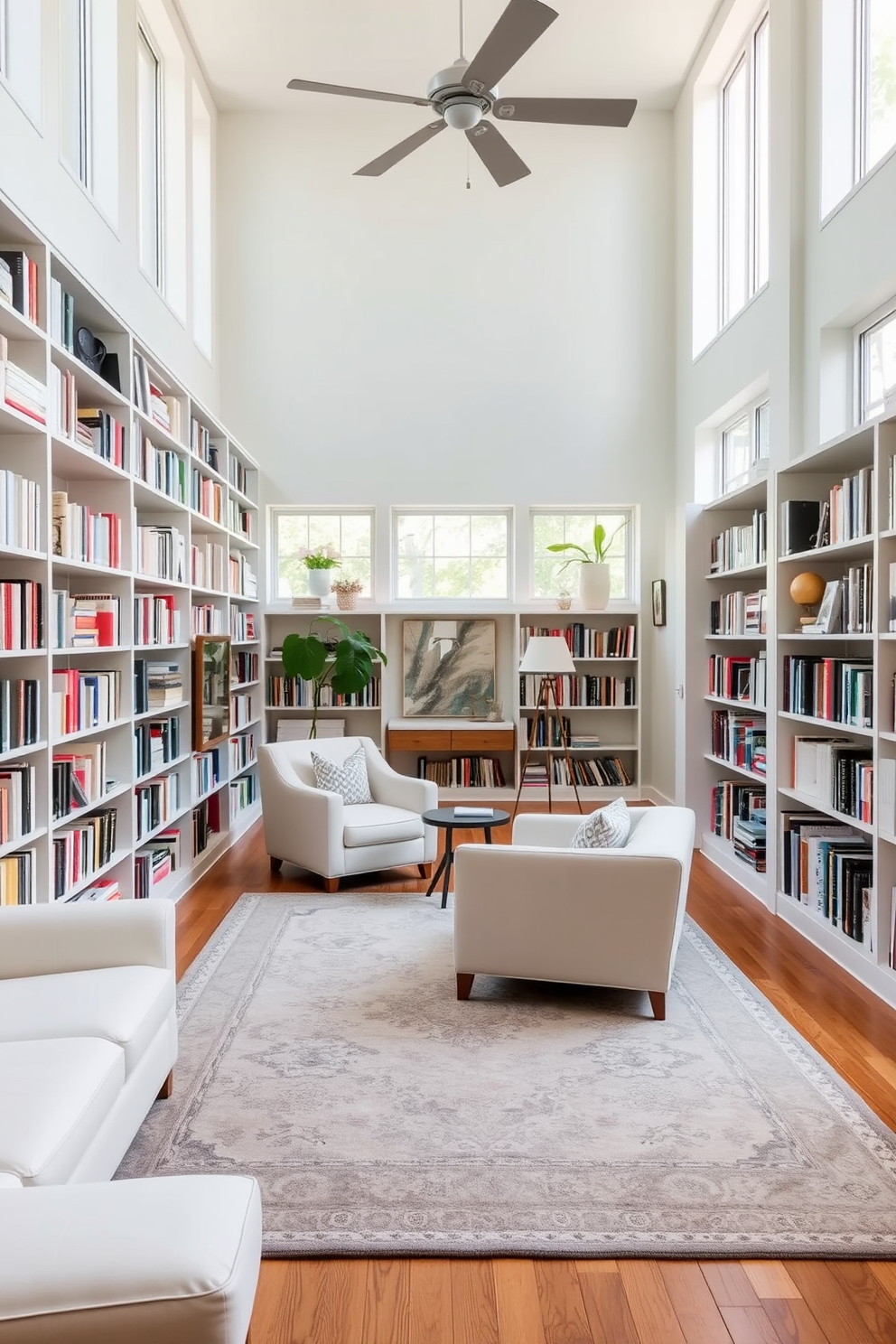 A bright and airy home library with an open layout that promotes spaciousness. The room features floor-to-ceiling bookshelves filled with an eclectic mix of books and decorative items. Large windows allow natural light to flood the space, highlighting a cozy reading nook with a plush armchair and a small side table. A neutral color palette of whites and soft grays creates a serene atmosphere, complemented by a large area rug that adds warmth to the hardwood floor.