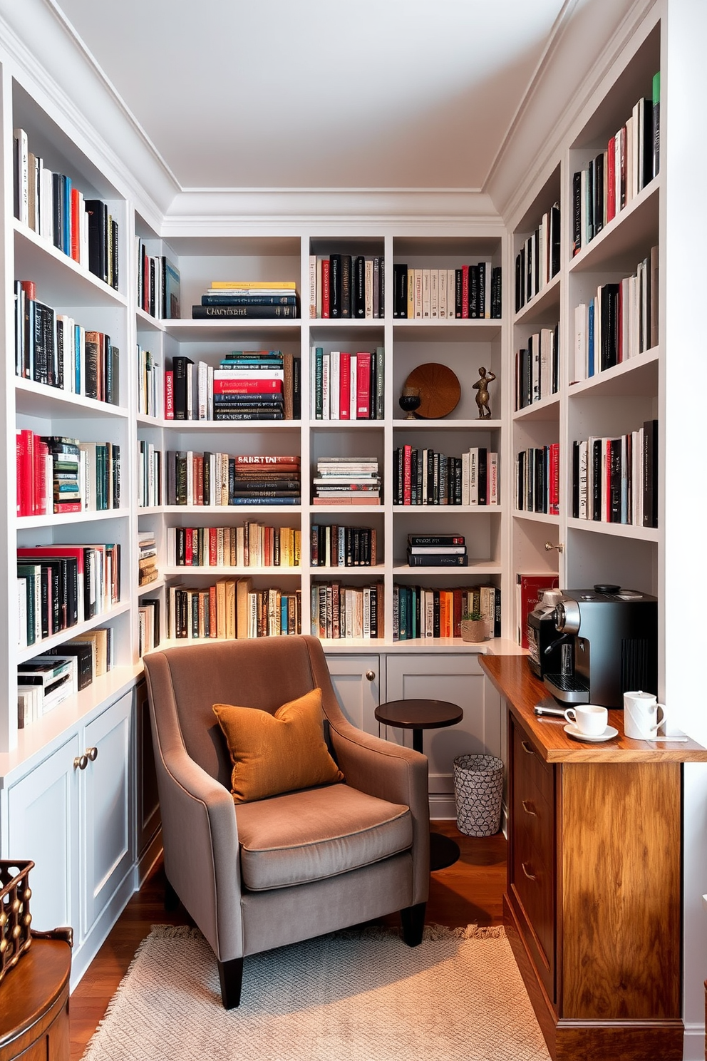 A cozy home library features built-in white bookshelves that stretch from floor to ceiling, filled with an array of books and decorative items. A comfortable reading nook is created with a plush armchair and a small side table, perfect for enjoying a cup of coffee. In one corner, a stylish coffee station is set up with a sleek espresso machine, a wooden countertop, and neatly arranged mugs. Soft lighting illuminates the space, enhancing the inviting atmosphere and making it a perfect retreat for reading and relaxation.