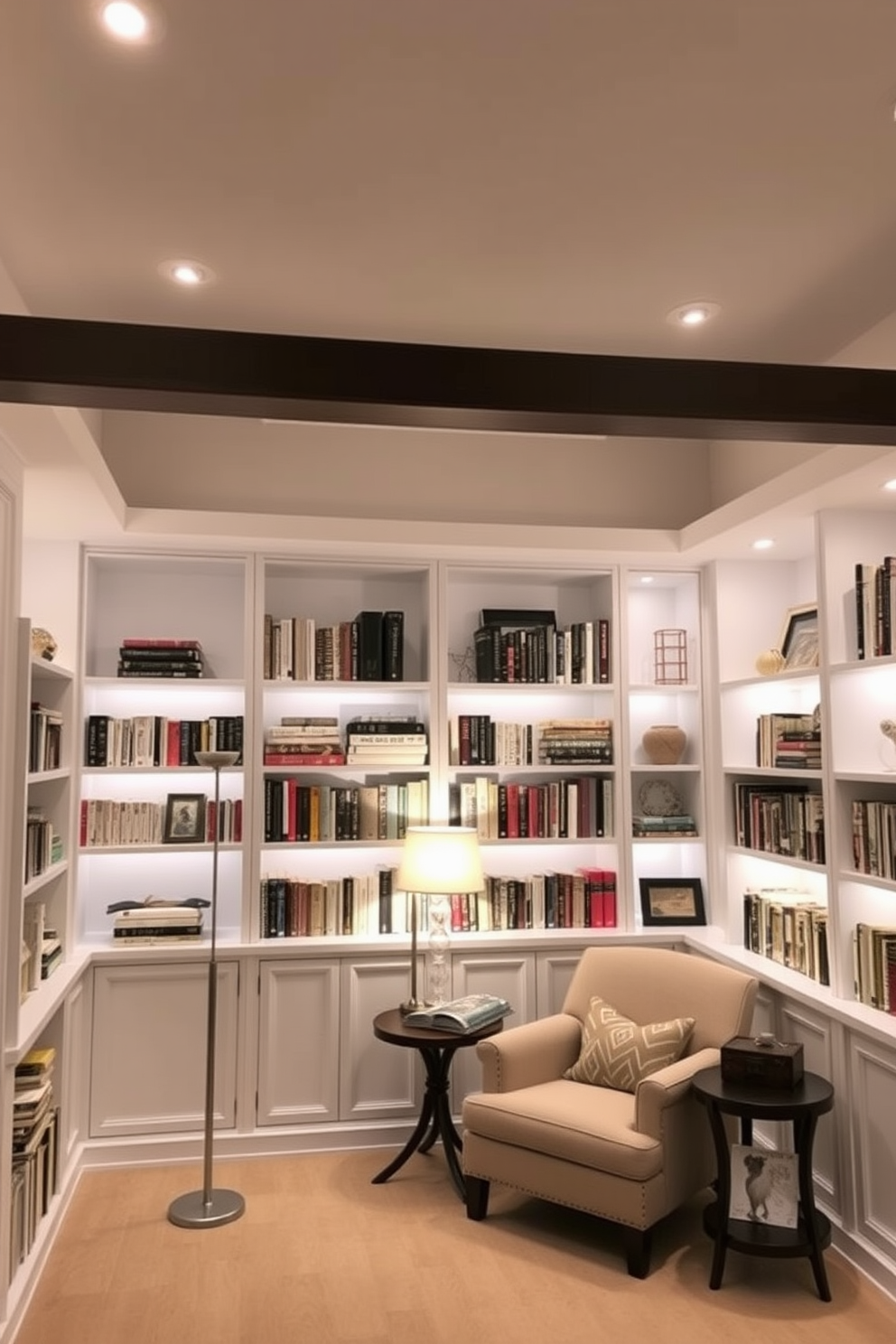 Layered lighting creates a warm and inviting atmosphere in a white home library. Soft recessed lights illuminate the space, while stylish floor lamps and table lamps provide additional light for reading and relaxation. The walls are painted in a crisp white, complemented by built-in bookshelves filled with an array of books and decorative items. A cozy reading nook features a plush armchair and a small side table, inviting you to spend hours immersed in your favorite novels.