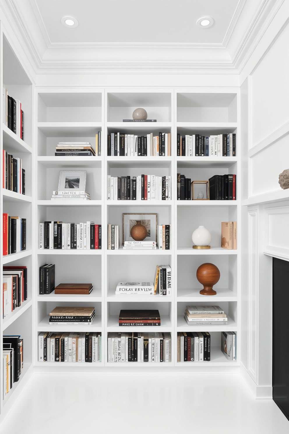 A sleek minimalist white home library features built-in shelves that stretch from floor to ceiling, creating a seamless look. The shelves are filled with carefully curated books and decorative objects, enhancing the clean and organized aesthetic of the space.