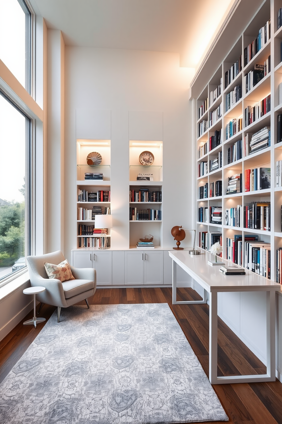 A serene home library featuring a cozy reading nook with a plush armchair and a geometric-patterned rug. The walls are lined with built-in bookshelves filled with an array of books, accented by soft white lighting. Large windows allow natural light to flood the space, highlighting the clean lines of the modern furniture. A sleek white desk sits in one corner, complemented by a minimalist lamp and decorative objects that enhance the library's aesthetic.