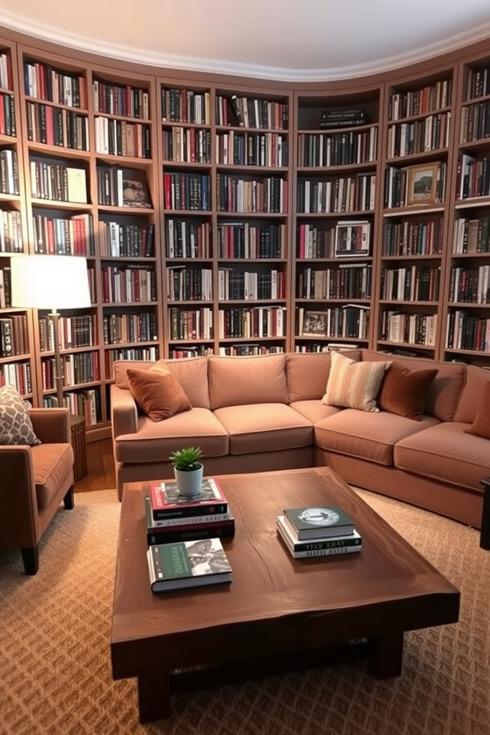 A cozy home library featuring layered textures and plush seating. The walls are lined with floor-to-ceiling bookshelves filled with an array of books, while a large, inviting sectional sofa in soft fabric is positioned in the center of the room. A stylish coffee table made of reclaimed wood sits in front of the sofa, adorned with decorative books and a small potted plant. Warm lighting from a modern floor lamp casts a soft glow, creating an inviting atmosphere perfect for reading and relaxation.