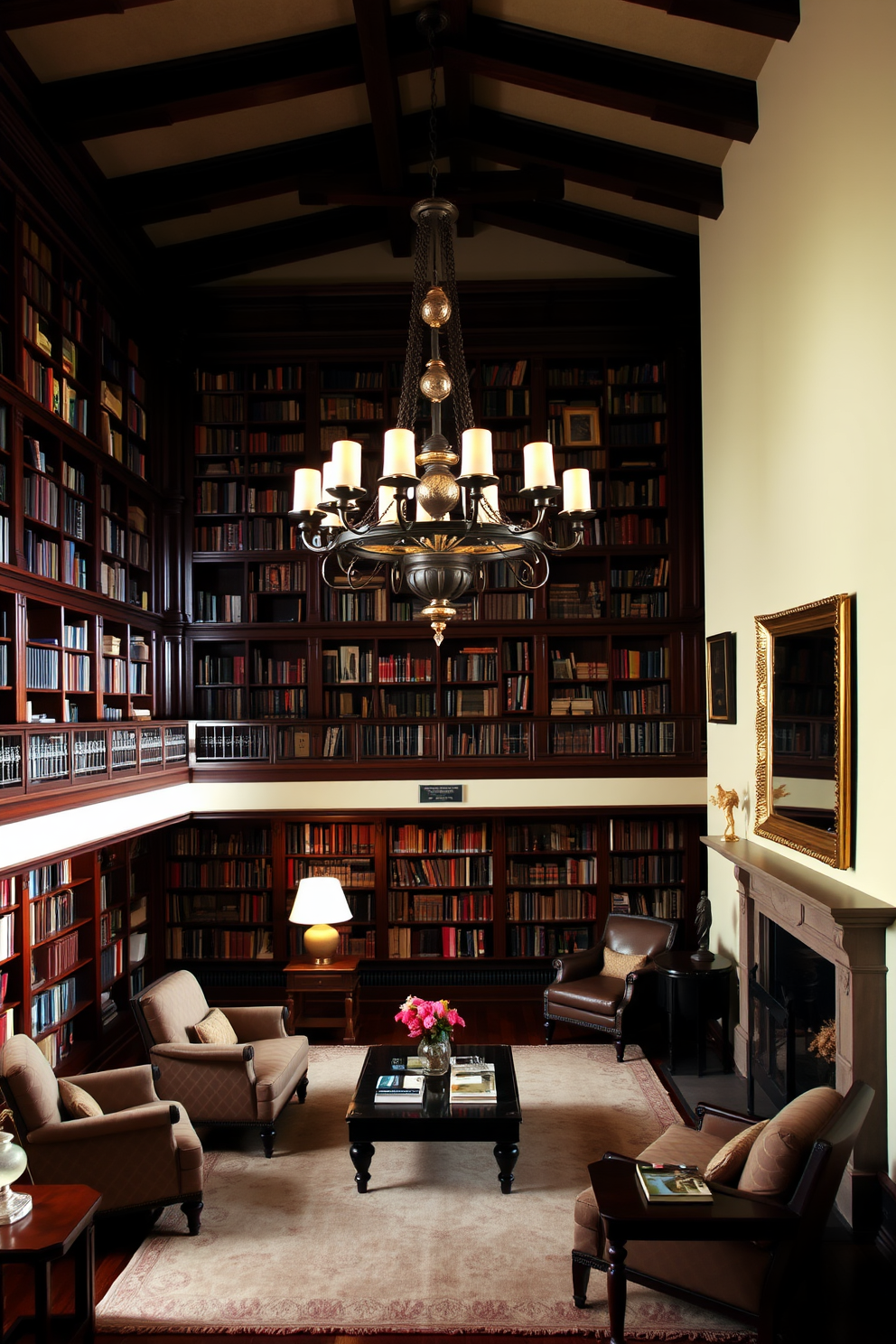 An elegant chandelier hangs gracefully from the ceiling, casting a warm glow throughout the room. The library features rich wooden shelves lined with an extensive collection of books, creating a cozy and inviting atmosphere. The walls are painted in a soft cream color, complementing the dark wood of the furniture. A plush area rug in muted tones anchors the seating area, which includes comfortable armchairs and a stylish coffee table.