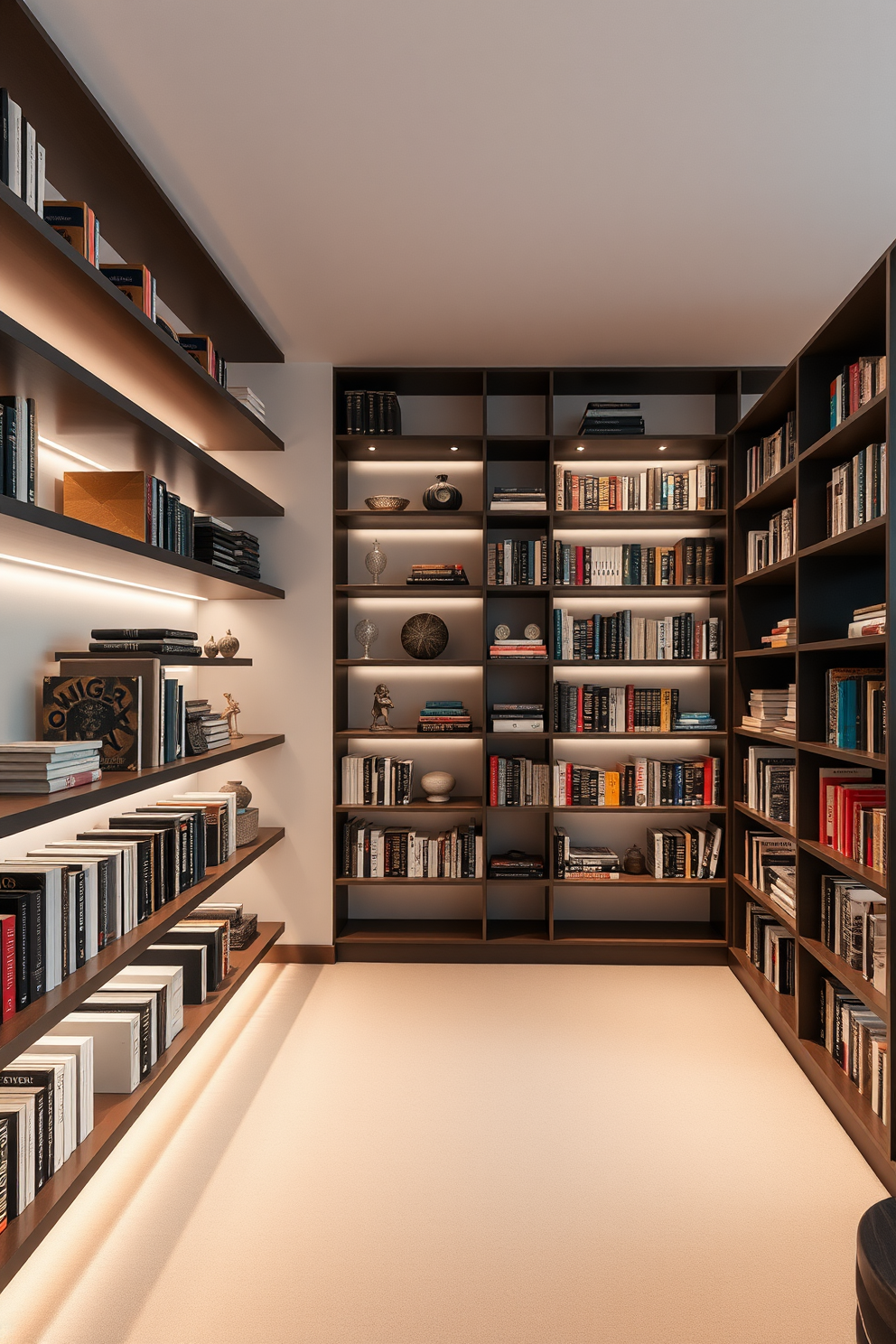 A modern home library featuring sleek wall-mounted shelves that create an open and airy feel. The shelves are filled with an array of books and decorative items, complemented by soft, ambient lighting that enhances the inviting atmosphere.