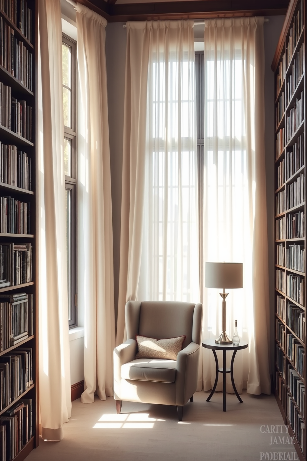 A cozy home library filled with natural light. Soft white curtains drape elegantly over large windows, allowing sunlight to filter in and illuminate the room. The walls are lined with tall bookshelves, showcasing an extensive collection of books. A plush reading chair sits in the corner, accompanied by a small side table and a stylish lamp for a perfect reading nook.