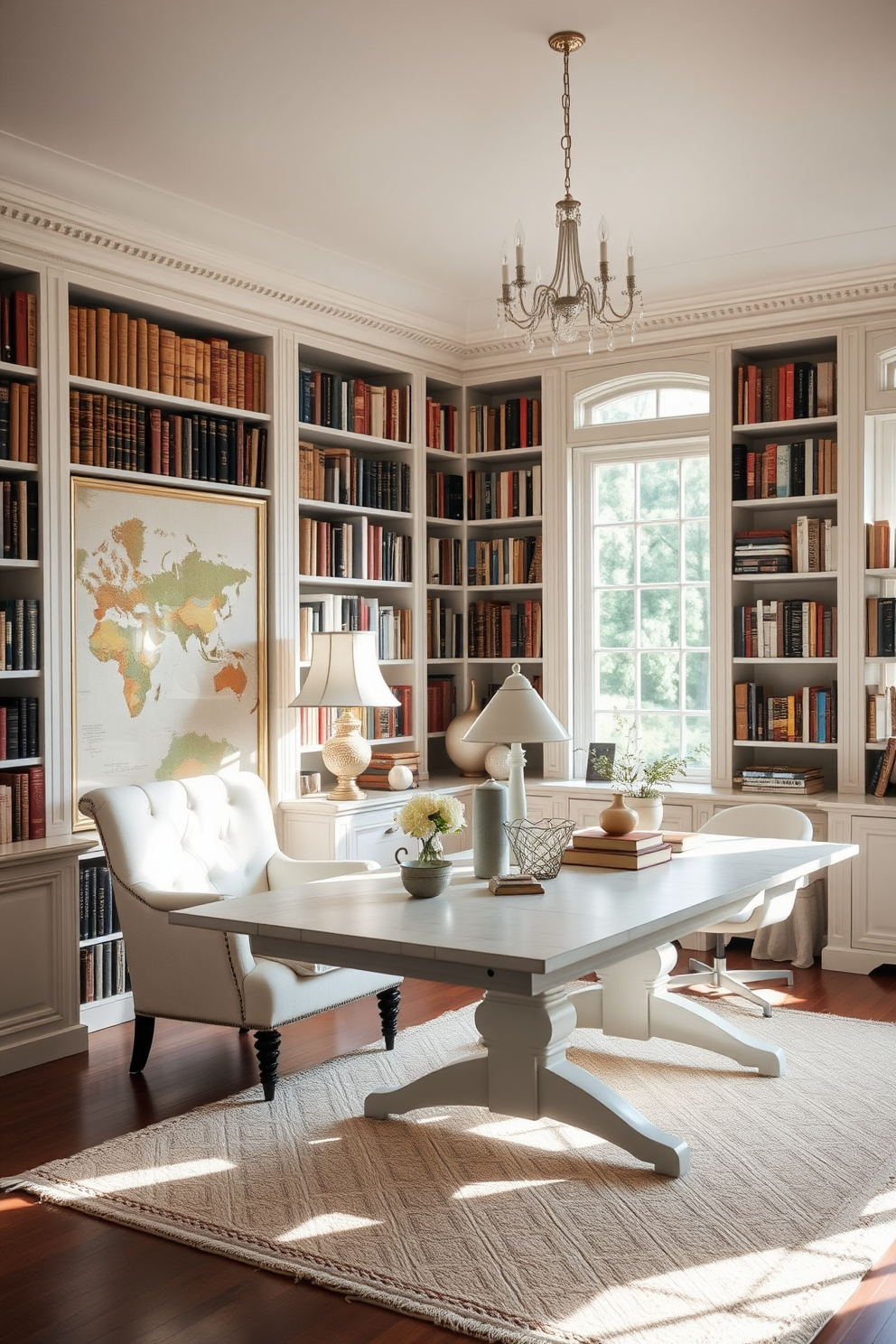 A cozy home library featuring vintage furniture accents in white tones. The room is filled with bookshelves lined with classic novels, and a plush white armchair sits invitingly in the corner. A large white wooden table serves as a workspace, adorned with a vintage lamp and decorative items. Soft natural light streams in through large windows, illuminating the room and enhancing the serene atmosphere.