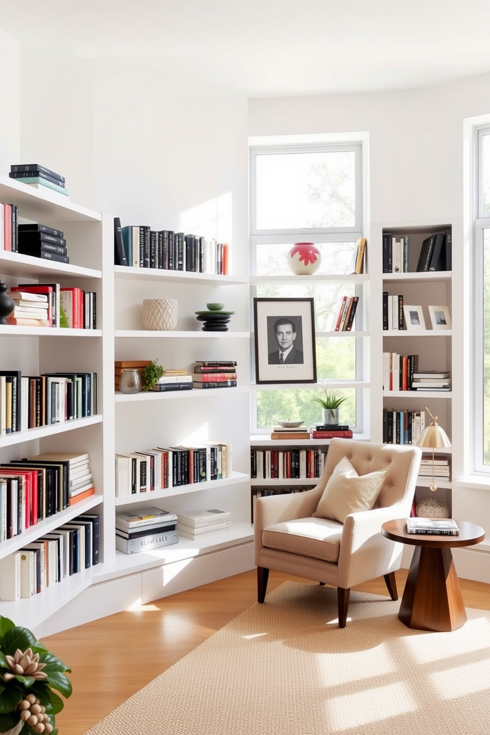 A serene home library design featuring floating shelves that create a clean and modern aesthetic. The walls are painted in a soft white shade, and the shelves are filled with neatly arranged books and decorative items. A comfortable reading nook is situated in one corner, adorned with a plush armchair and a small side table. Natural light floods the space through large windows, enhancing the inviting atmosphere of the library.