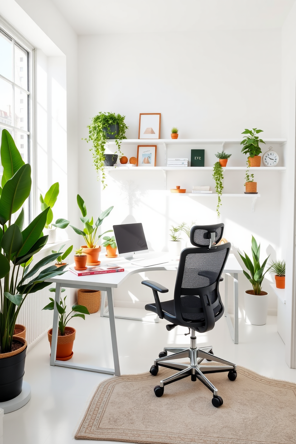 A bright and airy home office featuring a large white desk positioned near a window that allows natural light to flood the space. Surrounding the desk are potted plants of varying heights, adding a touch of greenery and freshness to the minimalist decor. The walls are painted in a soft white hue, creating a clean backdrop for stylish shelving that displays books and decorative items. A comfortable ergonomic chair complements the desk, while a cozy area rug anchors the space, enhancing its inviting atmosphere.