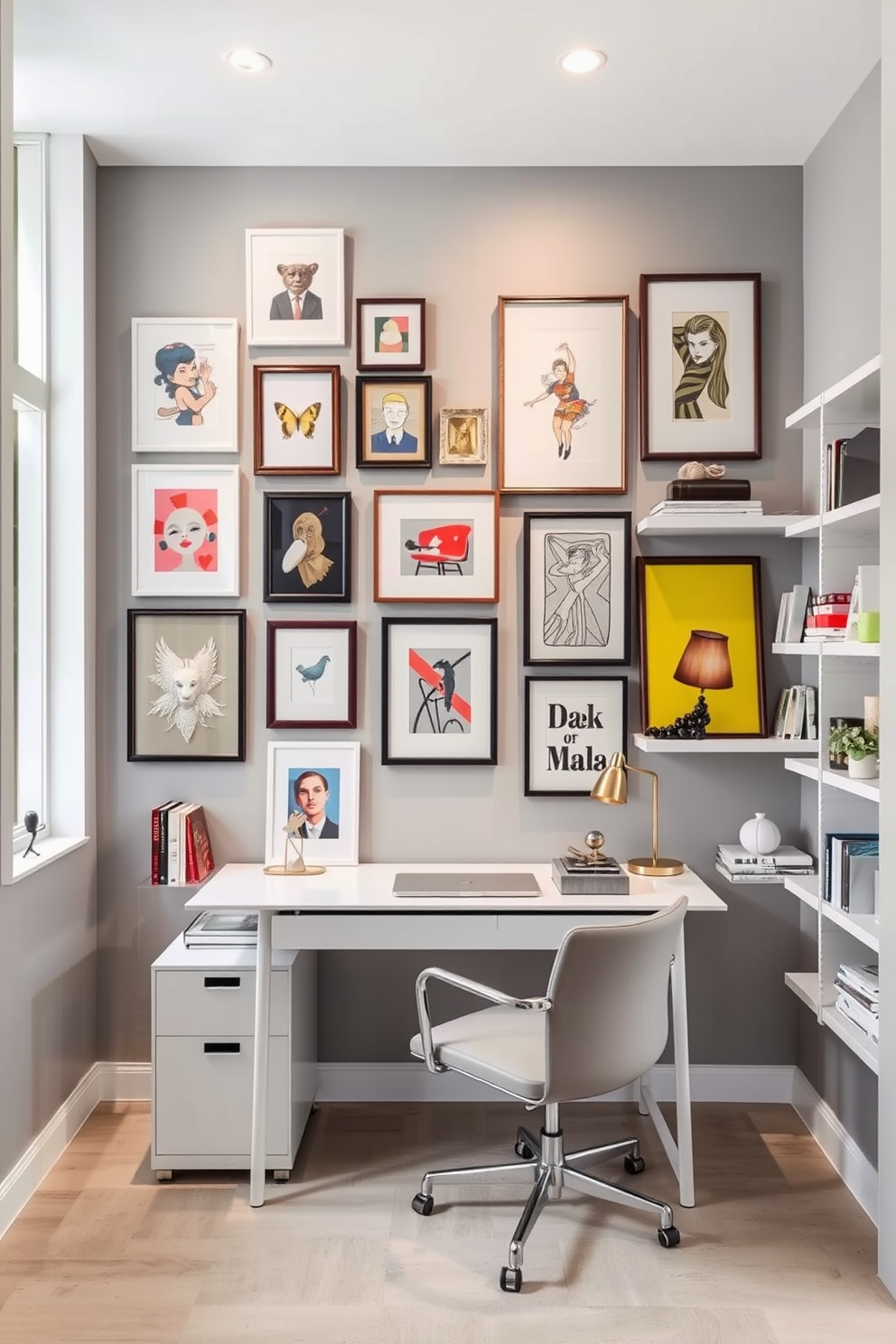 A gallery wall featuring an eclectic mix of framed art pieces in various sizes and styles. The wall is painted in a soft gray tone, creating a striking backdrop for the colorful artwork. A bright and airy home office design with a sleek white desk positioned near a large window. Minimalist shelves line the walls, displaying stylish books and decorative items, while a comfortable chair invites productivity.