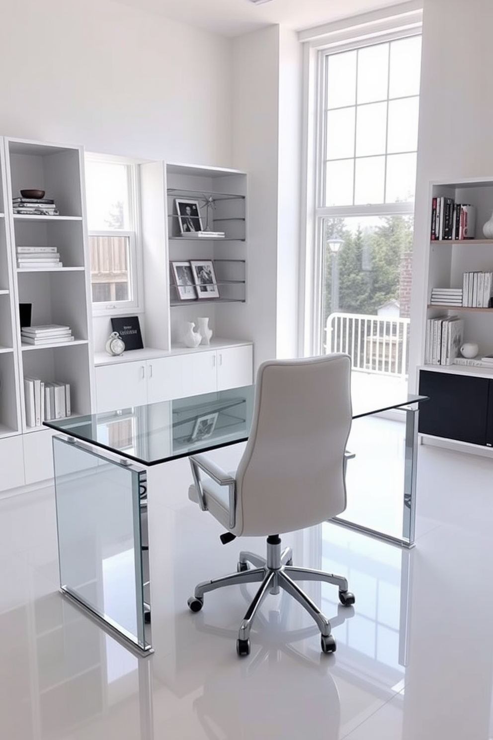 A sleek glass desk serves as the centerpiece of a modern home office, reflecting natural light and creating an airy atmosphere. The walls are painted in a crisp white, complemented by minimalist shelving that showcases curated decor and books. A plush white ergonomic chair is positioned at the desk, providing comfort during long work hours. Large windows allow ample sunlight to fill the space, enhancing the clean and contemporary aesthetic.