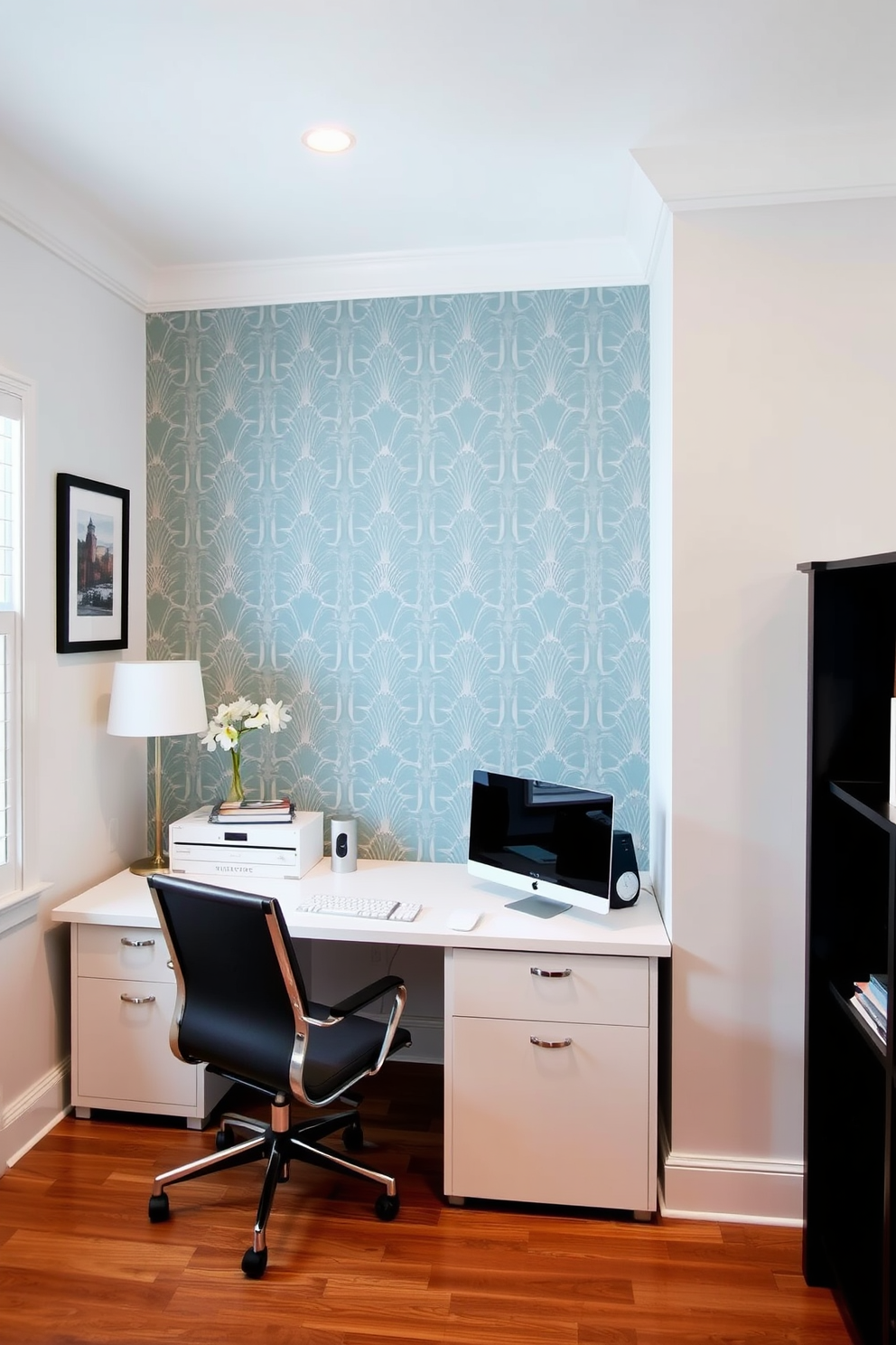 A stylish home office featuring an accent wall adorned with elegant wallpaper in a soft geometric pattern. The remaining walls are painted in a crisp white, creating a bright and airy atmosphere that enhances productivity.