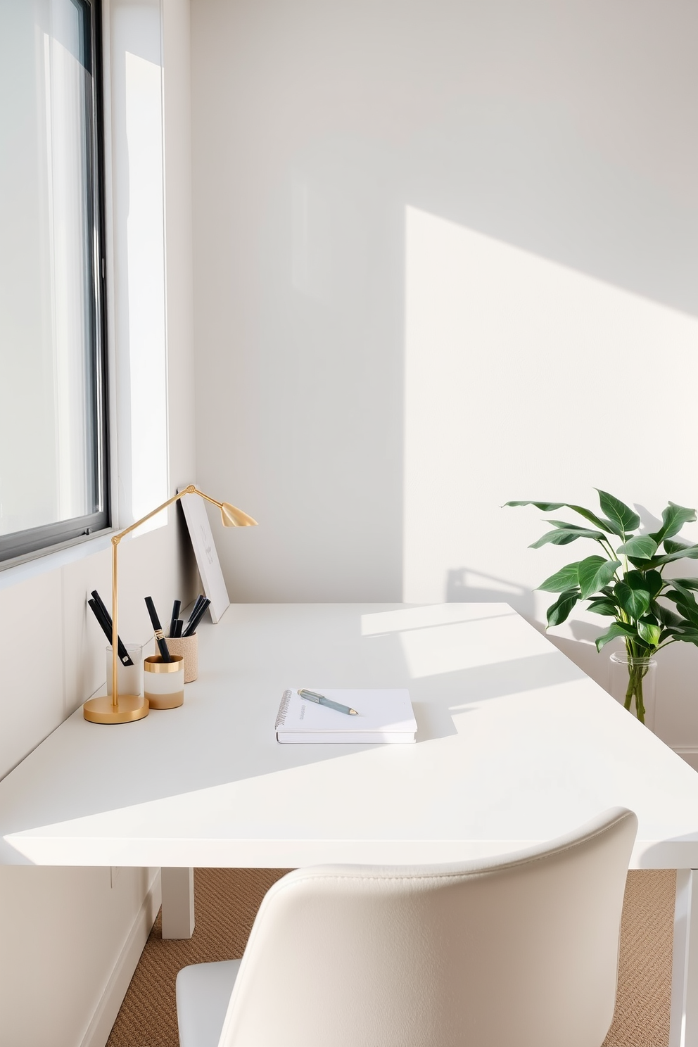 A stylish home office features a sleek white desk adorned with elegant desk accessories. The accessories include a minimalist pen holder, a chic notebook, and a decorative plant, all contributing to a clean and organized workspace. The walls are painted in a soft white hue, creating a bright and airy atmosphere. A comfortable chair complements the desk, and natural light floods the space through a large window, enhancing the overall aesthetic.